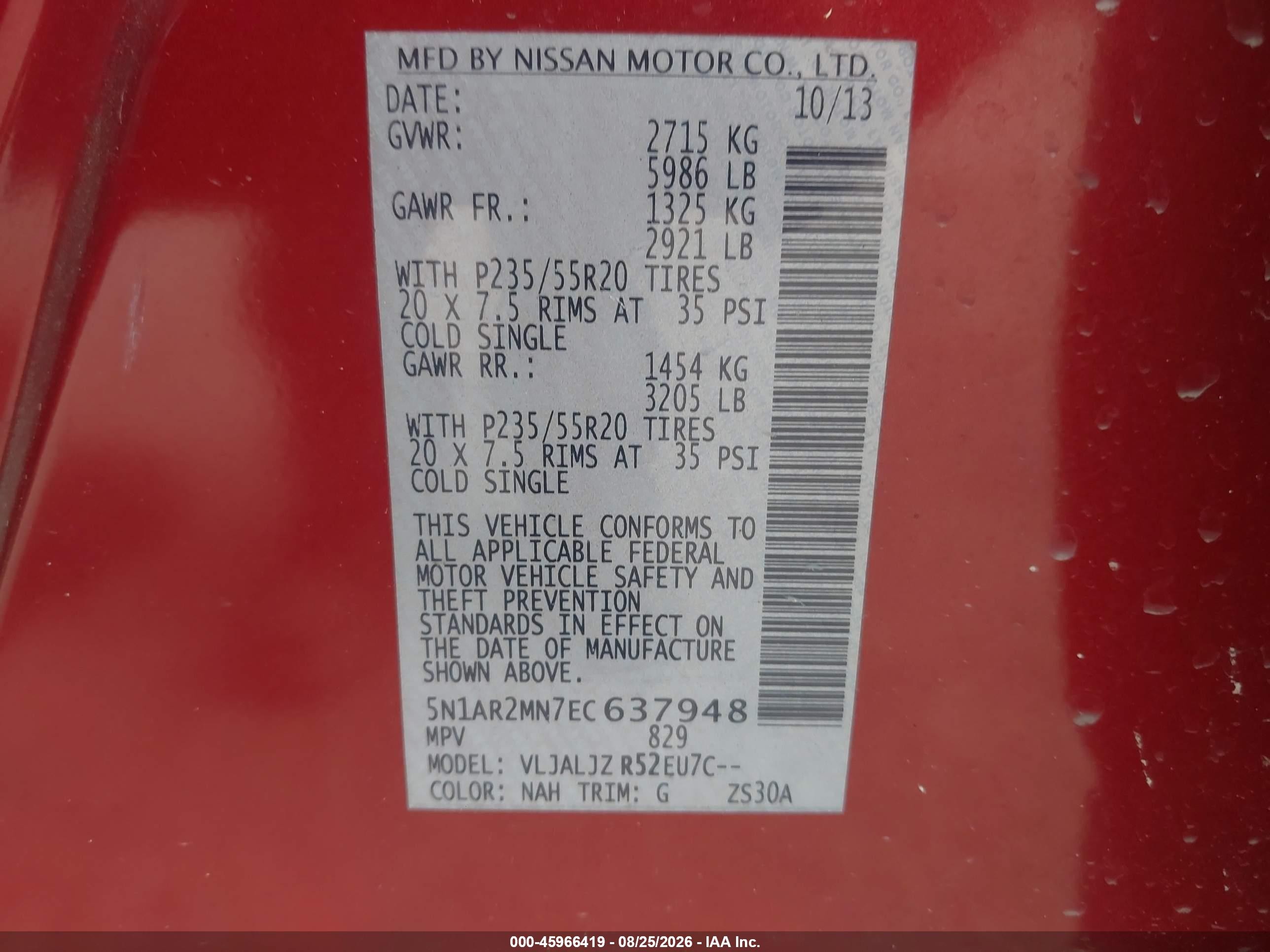 2014 Nissan Pathfinder Platinum Red vin: 5N1AR2MN7EC637948