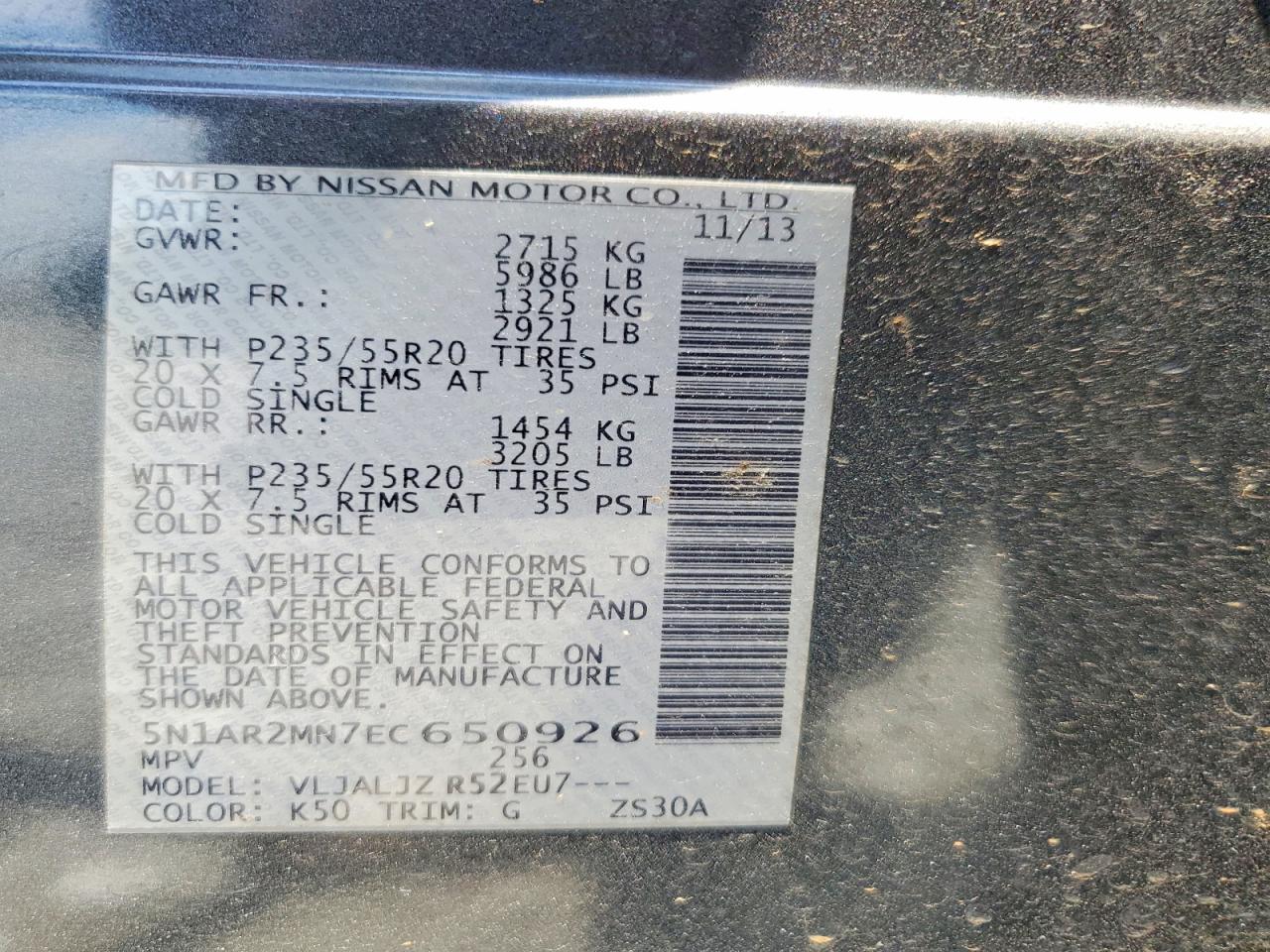 2014 Nissan Pathfinder Platinum Серый vin: 5N1AR2MN7EC650926