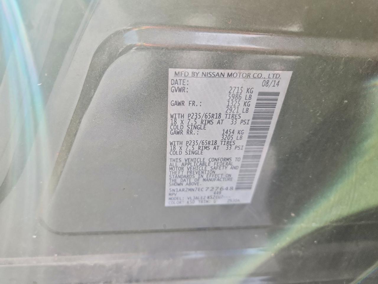 2014 Nissan Pathfinder Sv Gray vin: 5N1AR2MN7EC727648