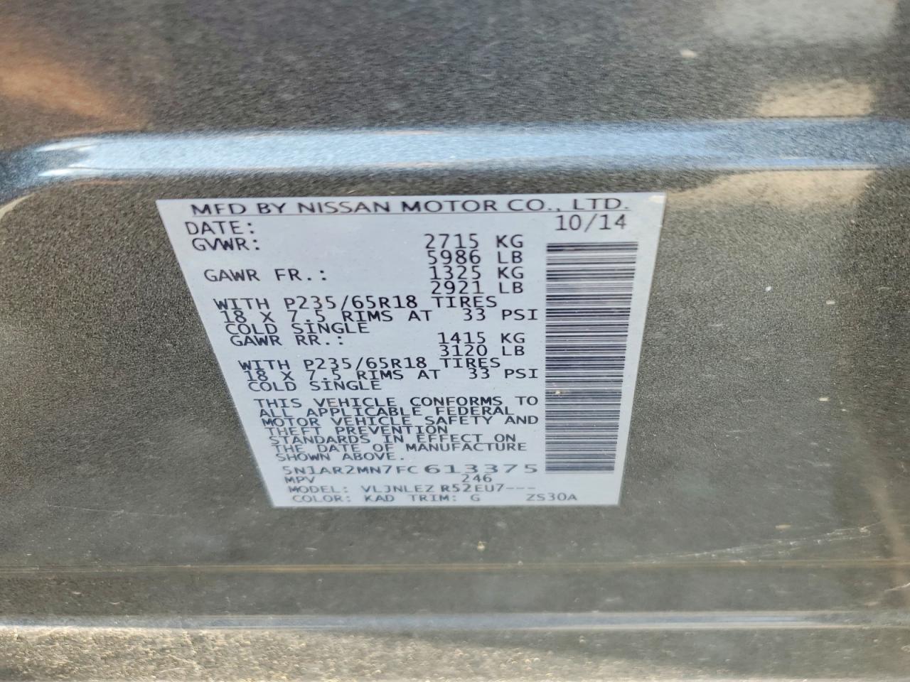 2015 Nissan Pathfinder S Gray vin: 5N1AR2MN7FC613375