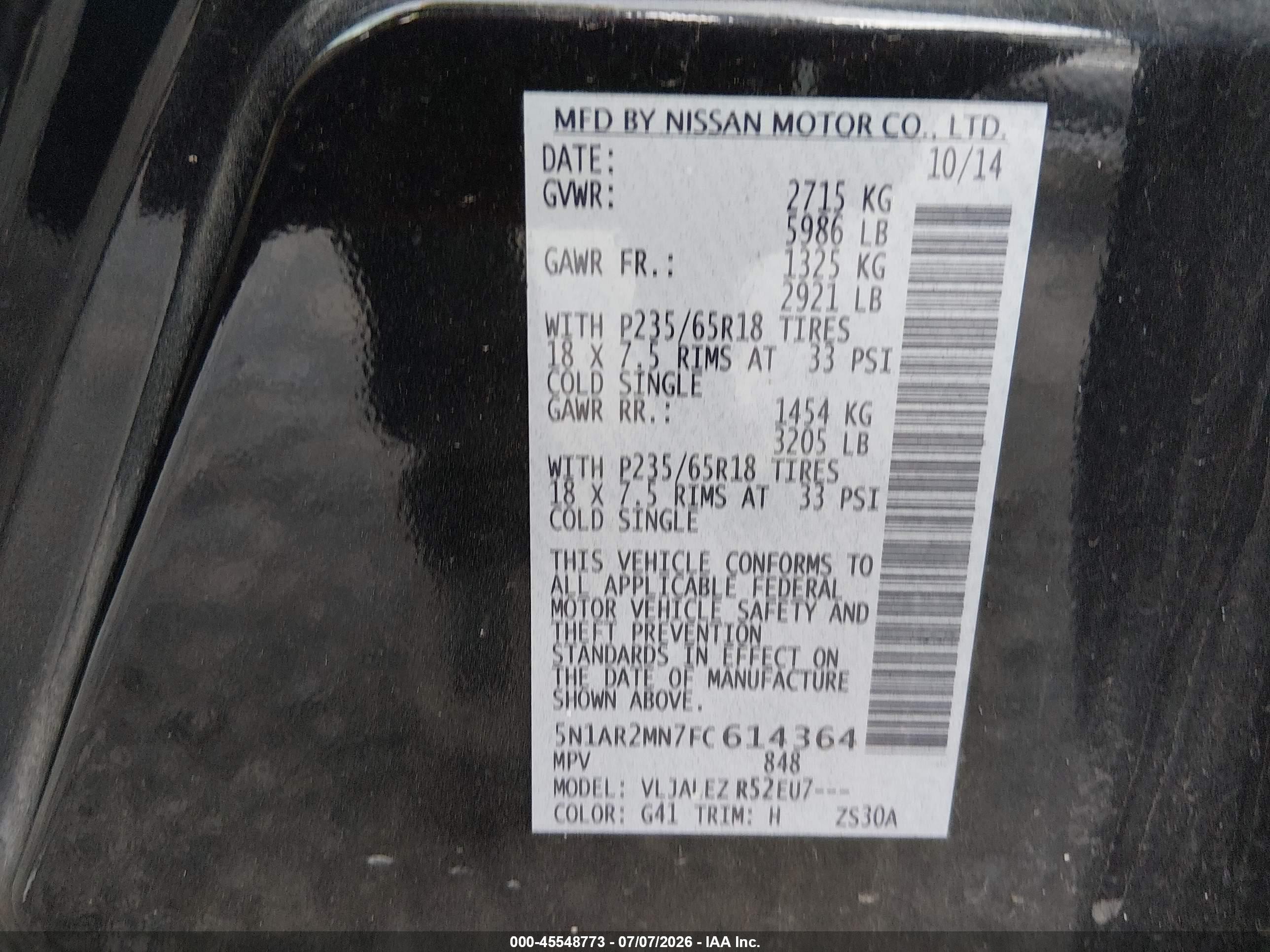 2015 Nissan Pathfinder Sv Black vin: 5N1AR2MN7FC614364