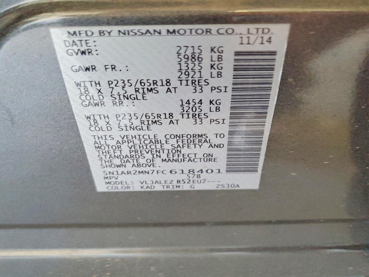 2015 Nissan Pathfinder Gray vin: 5N1AR2MN7FC618401