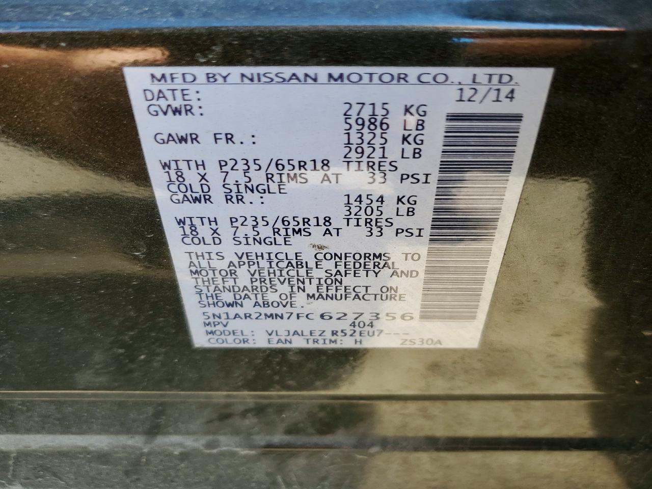 2015 Nissan Pathfinder Sv Charcoal vin: 5N1AR2MN7FC627356