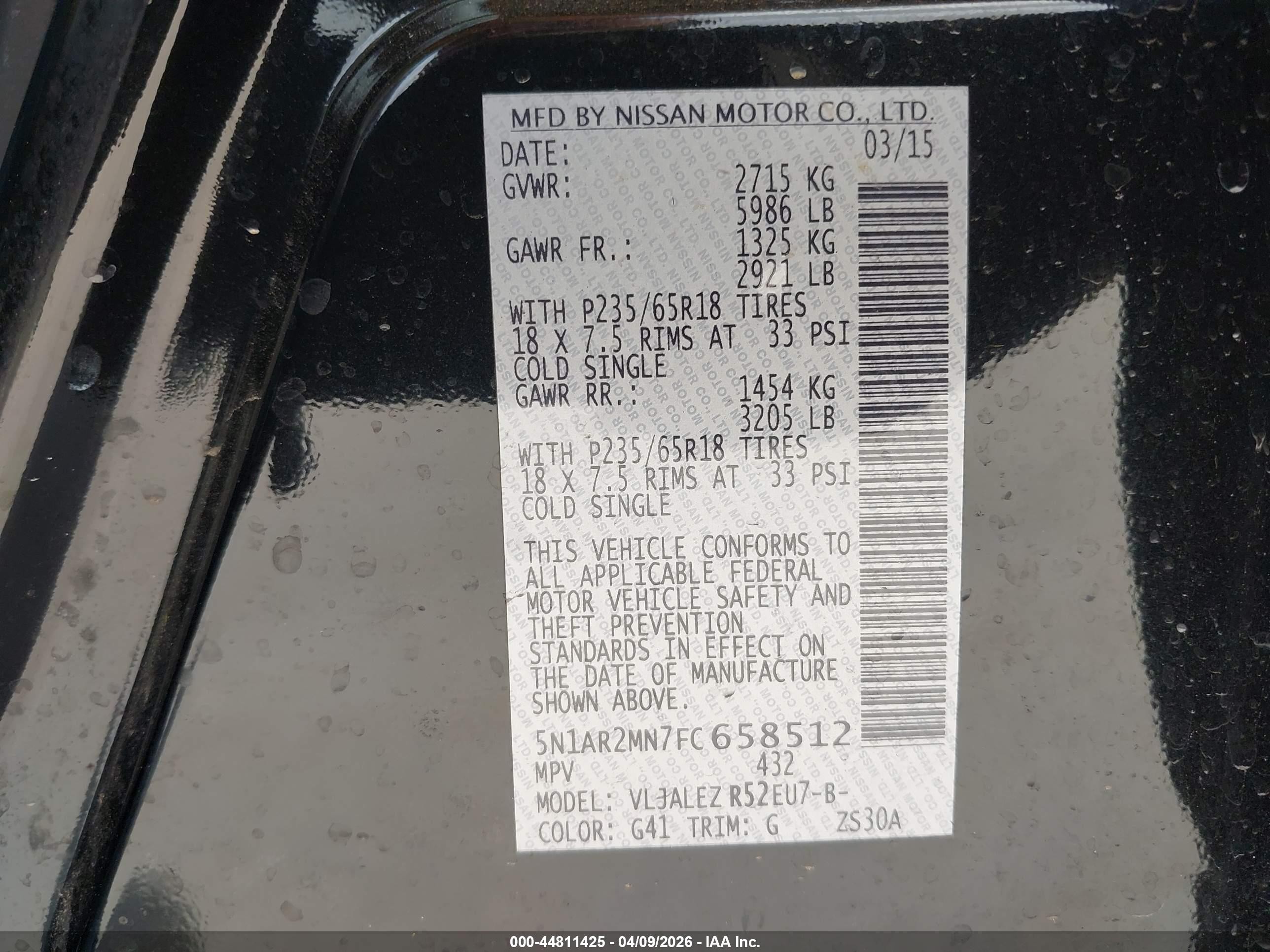 2015 Nissan Pathfinder Platinum/s/sl/sv Black vin: 5N1AR2MN7FC658512