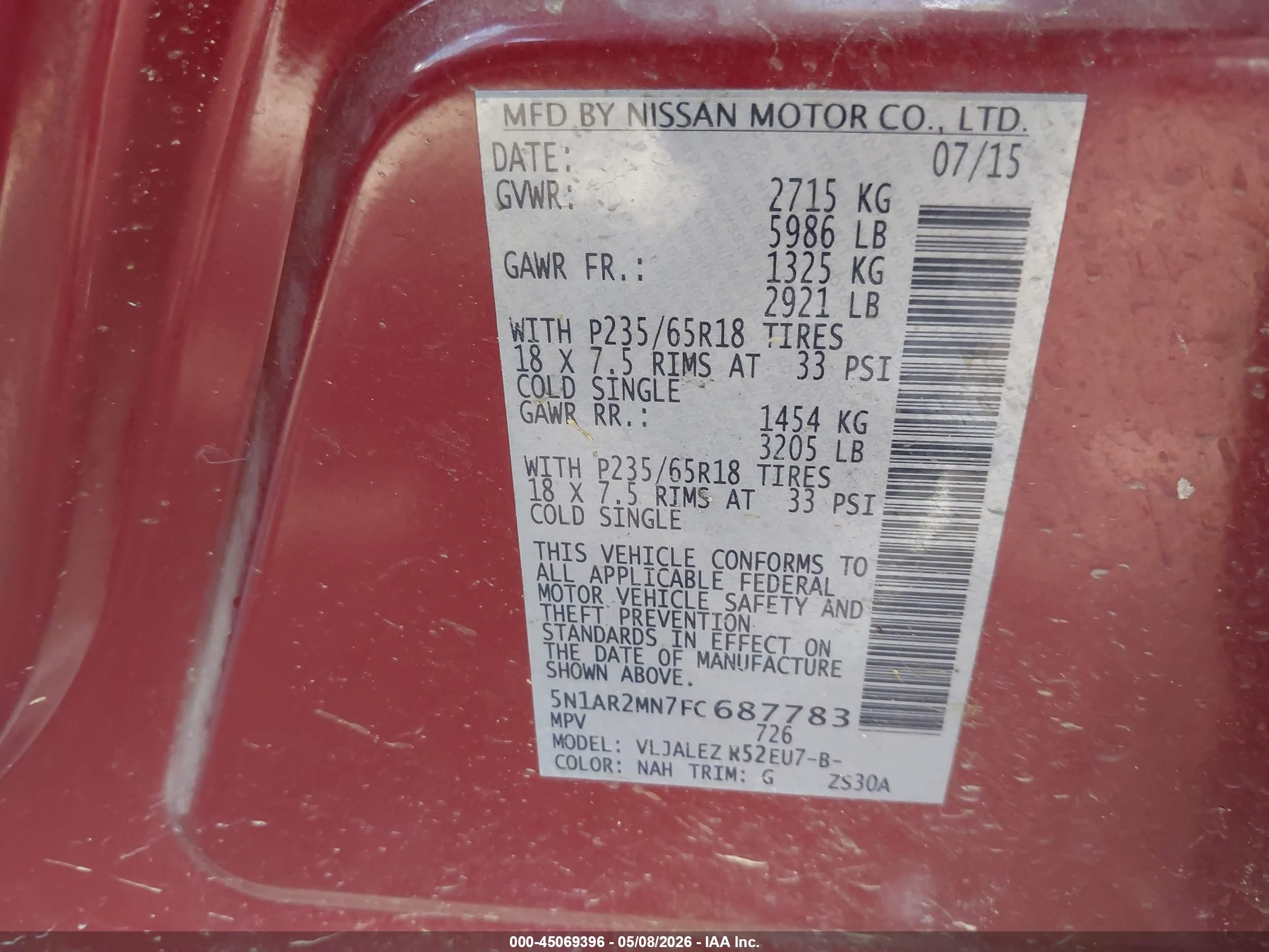 2015 Nissan Pathfinder Sv Red vin: 5N1AR2MN7FC687783