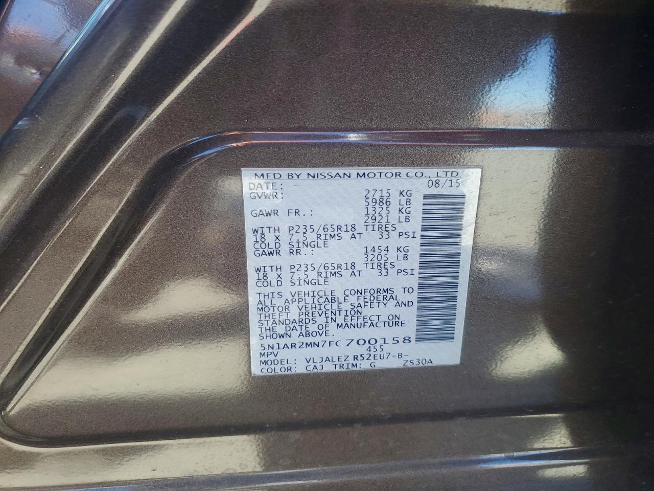 2015 Nissan Pathfinder Sv Угольный vin: 5N1AR2MN7FC700158