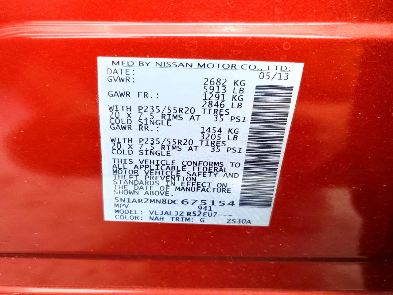 2013 Nissan Pathfinder S Red vin: 5N1AR2MN8DC675154