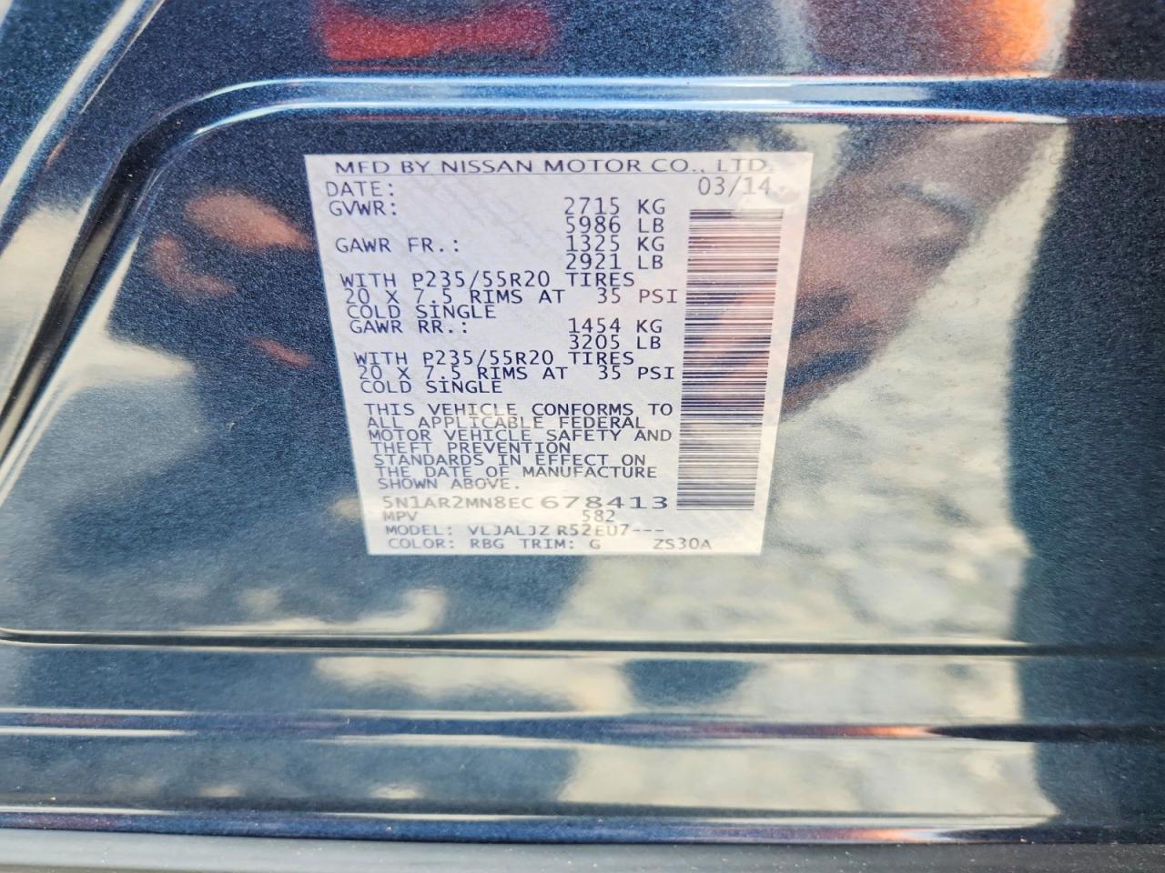 2014 Nissan Pathfinder Platinum Blue vin: 5N1AR2MN8EC678413