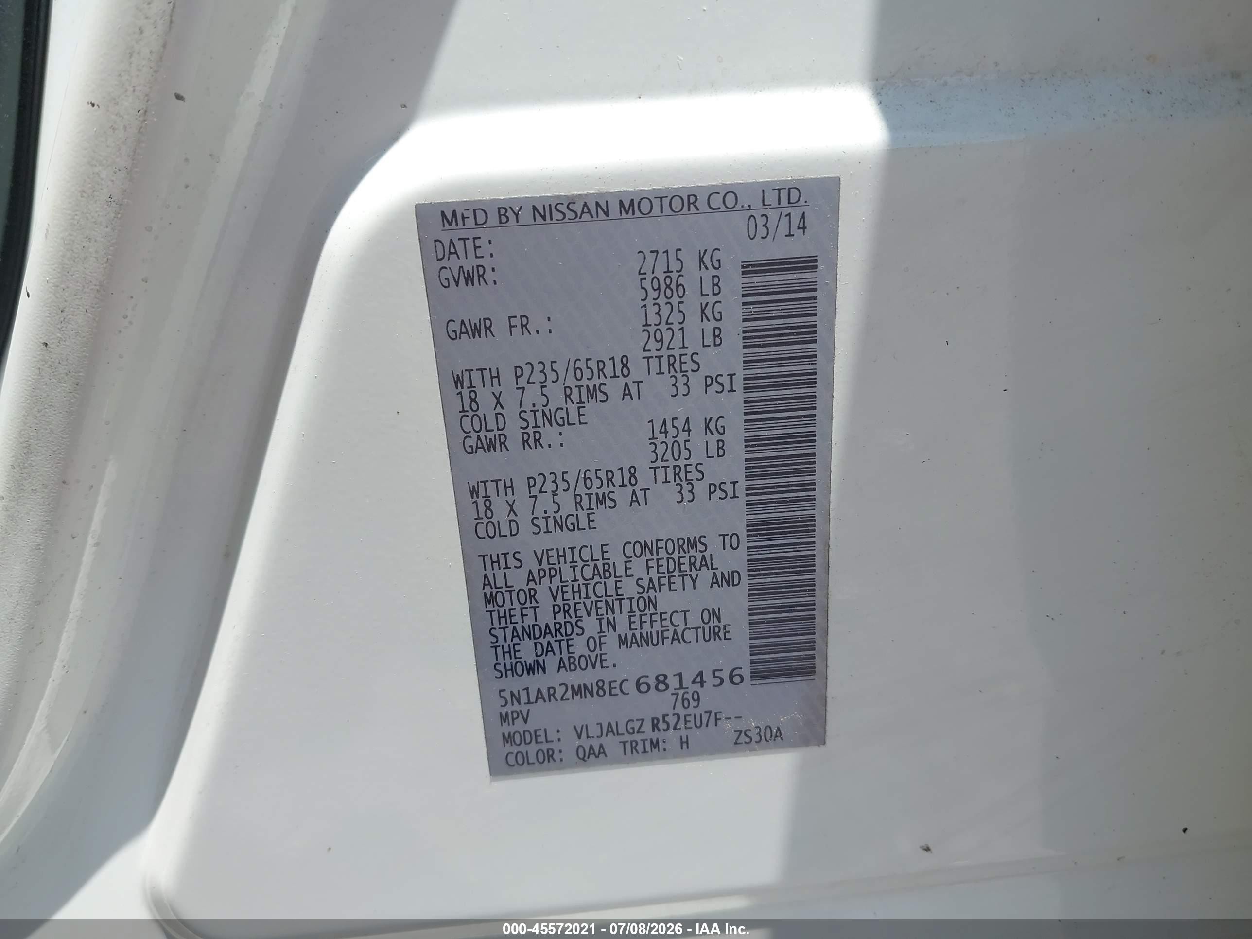 2014 Nissan Pathfinder Sl White vin: 5N1AR2MN8EC681456
