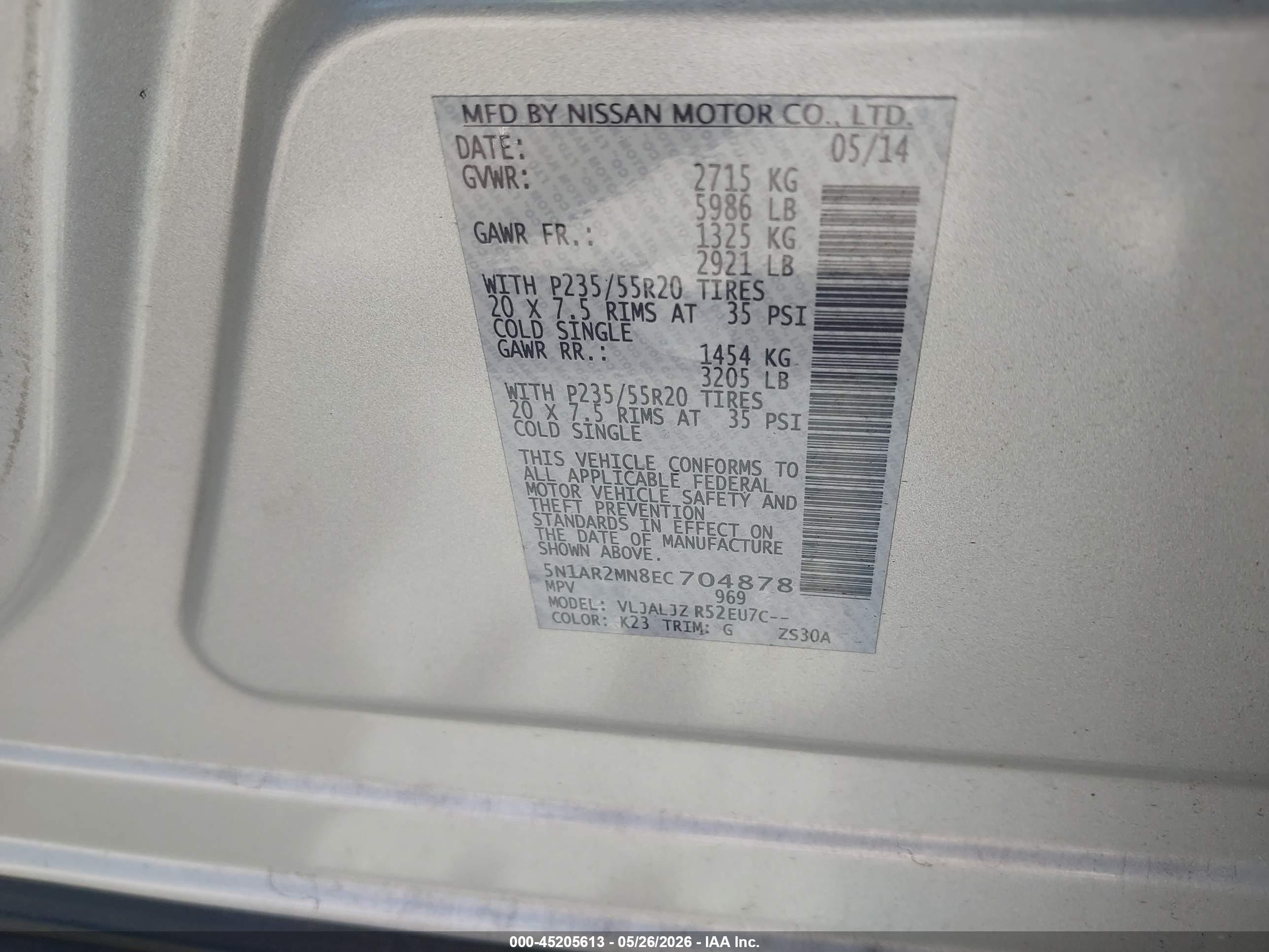 2014 Nissan Pathfinder Platinum Silver vin: 5N1AR2MN8EC704878