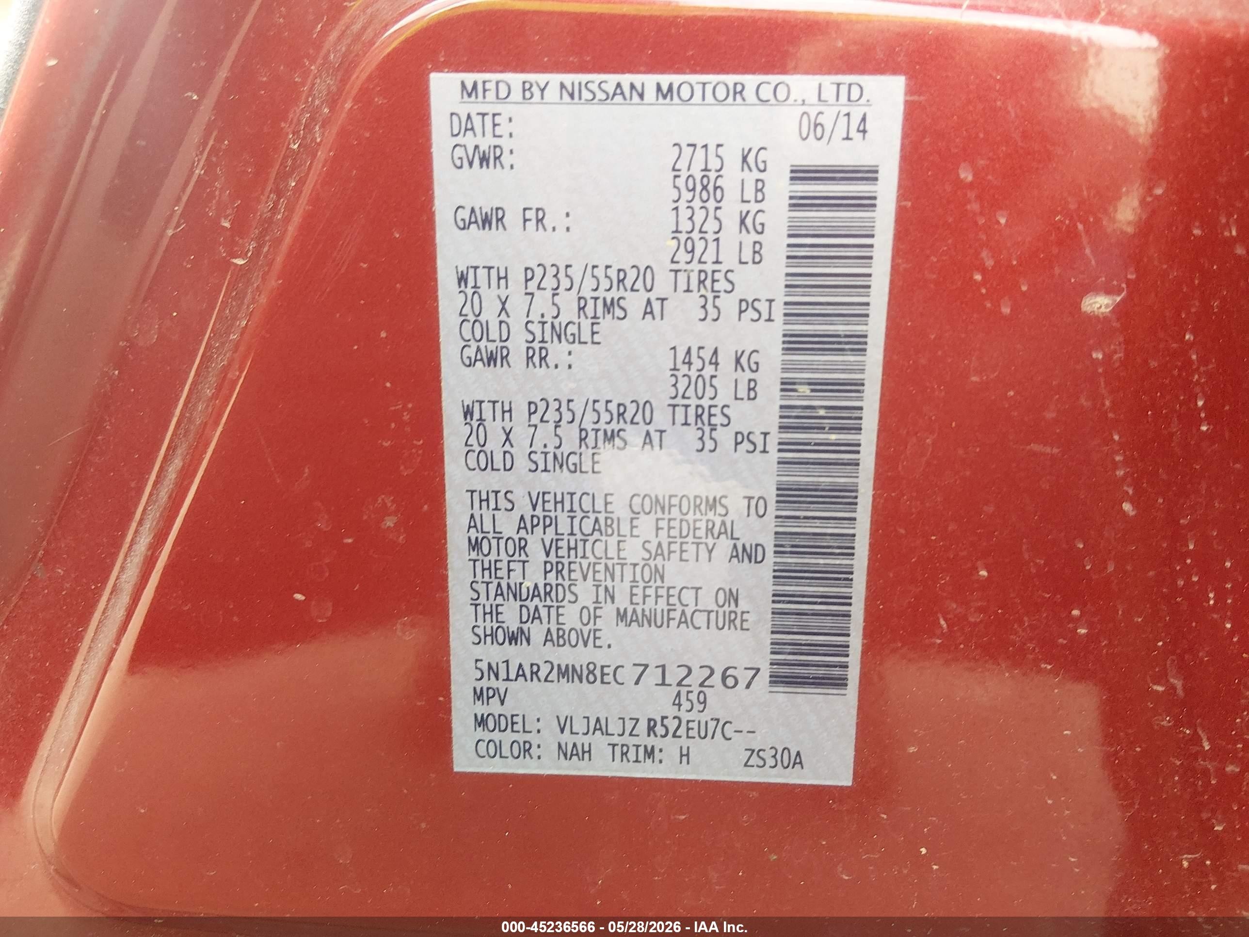 2014 Nissan Pathfinder Platinum Red vin: 5N1AR2MN8EC712267