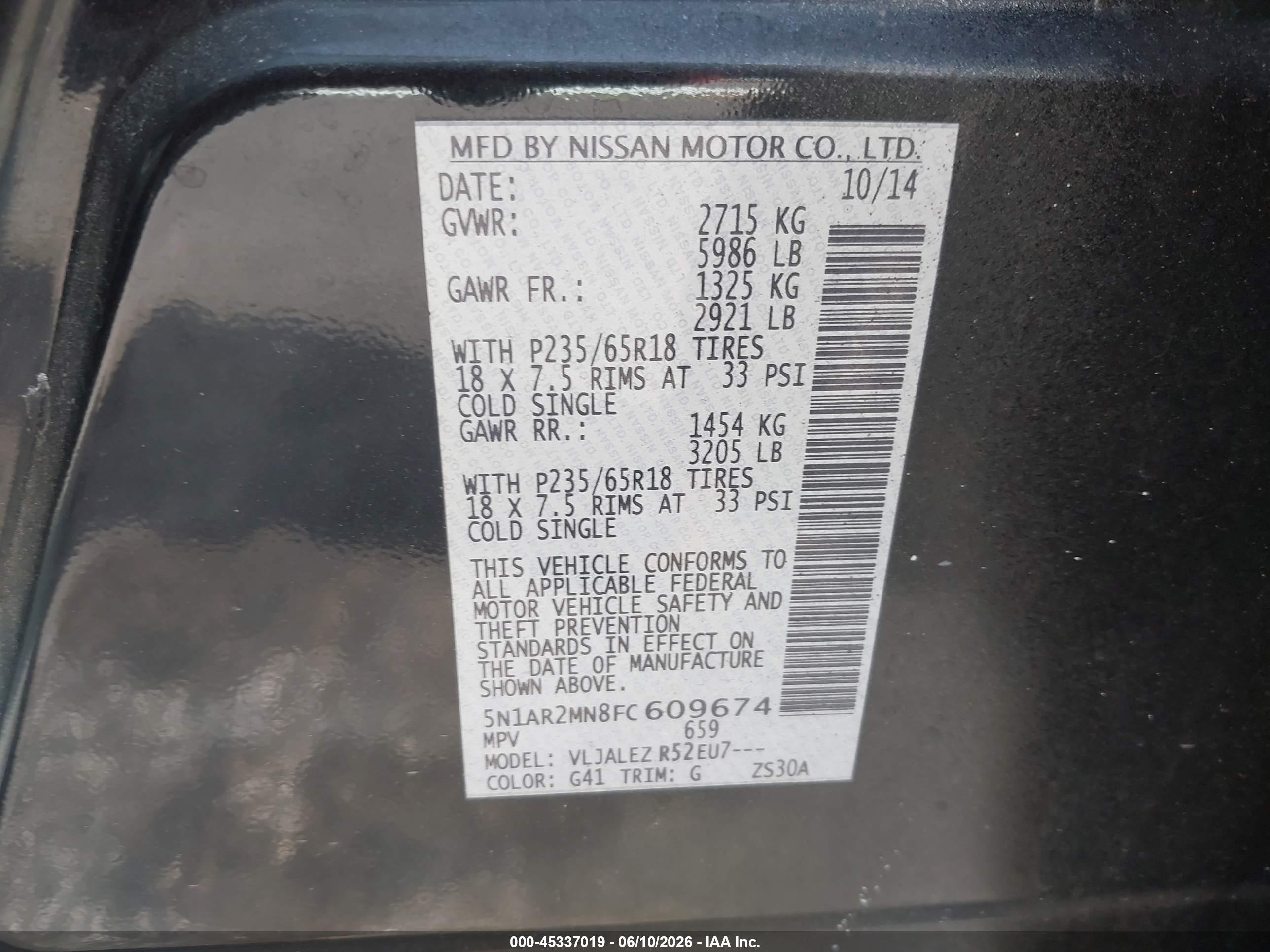 2015 Nissan Pathfinder Platinum/s/sl/sv Black vin: 5N1AR2MN8FC609674