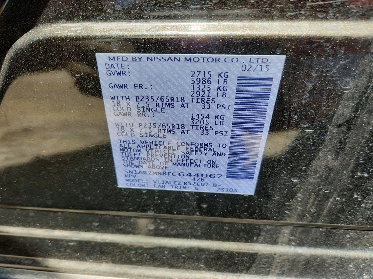 2015 Nissan Pathfinder Sv Gray vin: 5N1AR2MN8FC644067