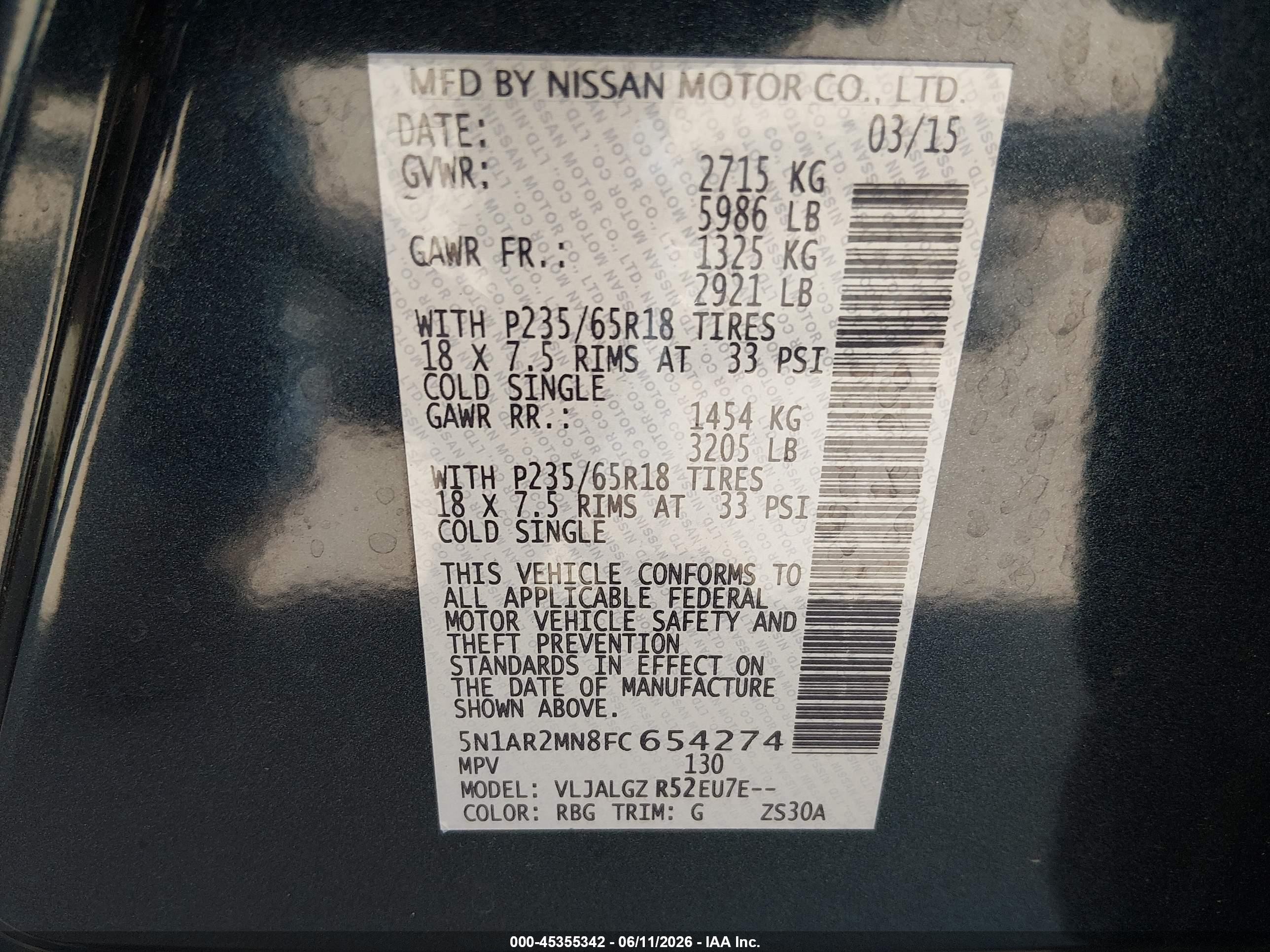 2015 Nissan Pathfinder Platinum/s/sl/sv Blue vin: 5N1AR2MN8FC654274