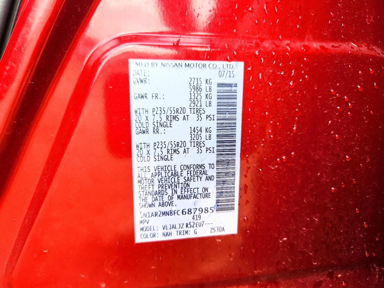 2015 Nissan Pathfinder S Red vin: 5N1AR2MN8FC687985