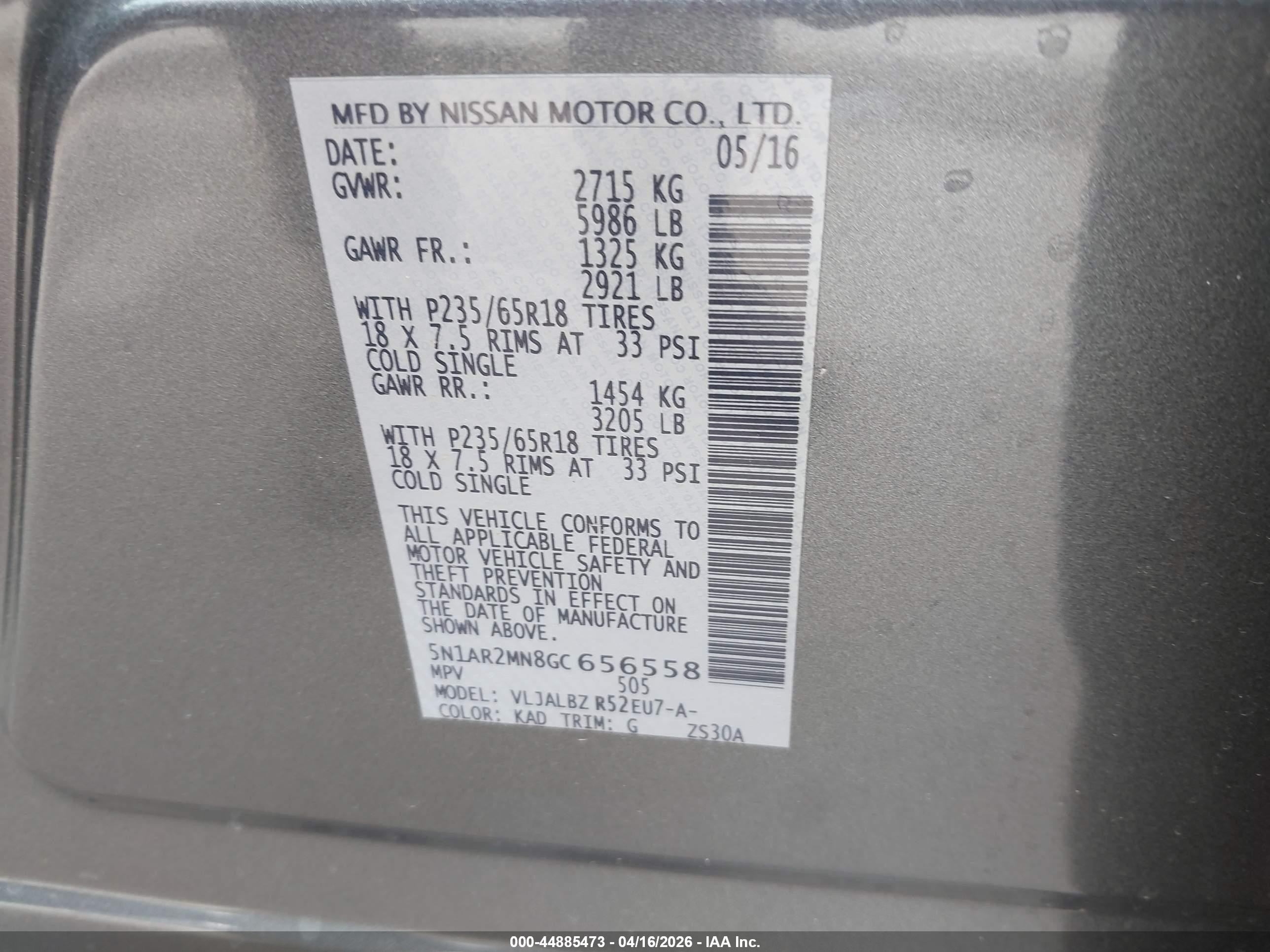 2016 Nissan Pathfinder S Gray vin: 5N1AR2MN8GC656558