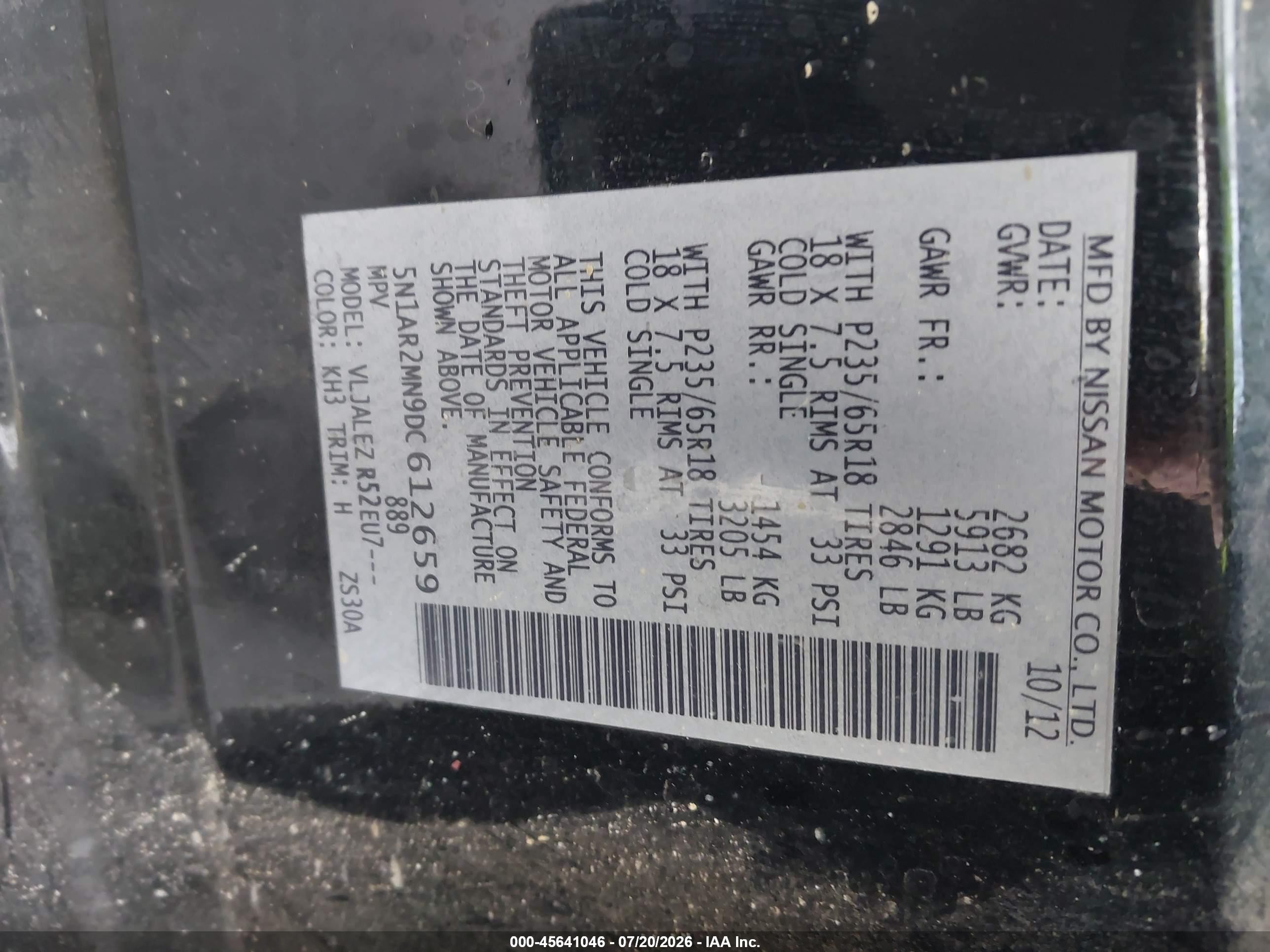 2013 Nissan Pathfinder Sv Black vin: 5N1AR2MN9DC612659
