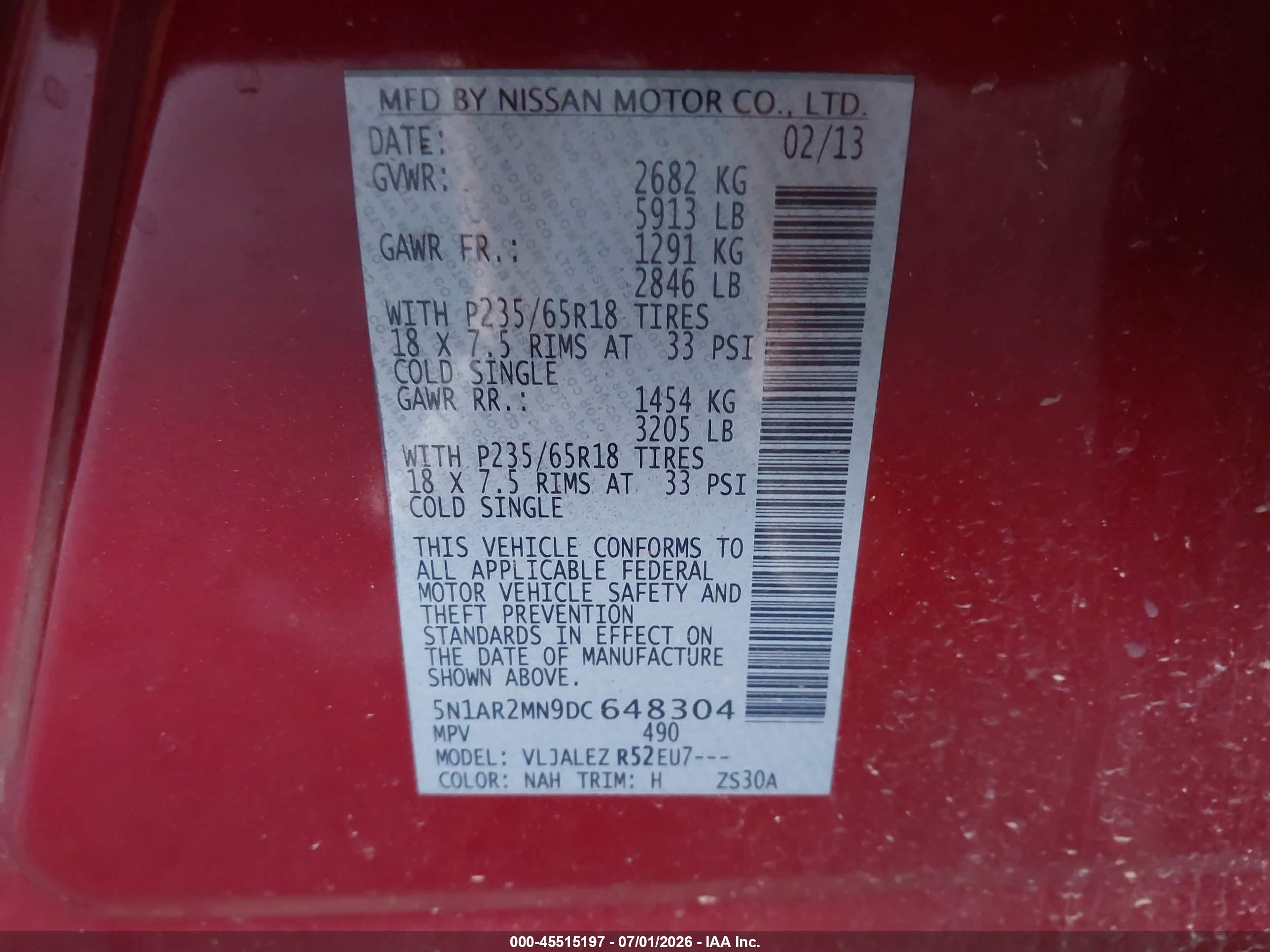 2013 Nissan Pathfinder Sv Red vin: 5N1AR2MN9DC648304