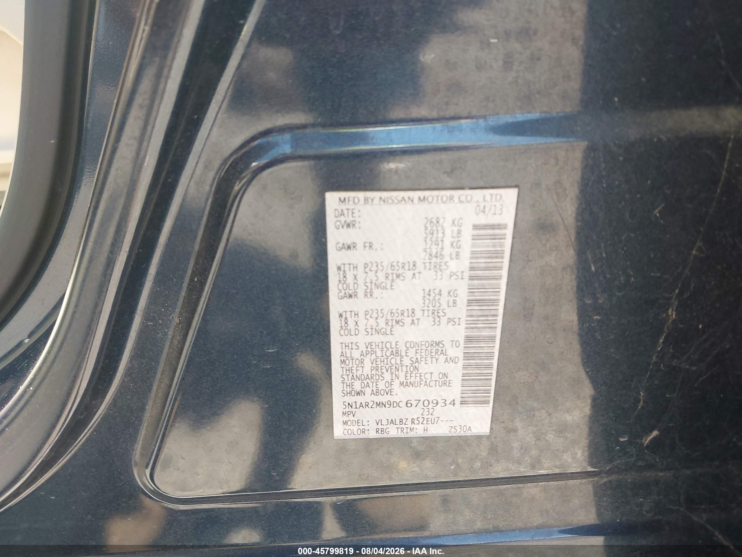 2013 Nissan Pathfinder S Blue vin: 5N1AR2MN9DC670934