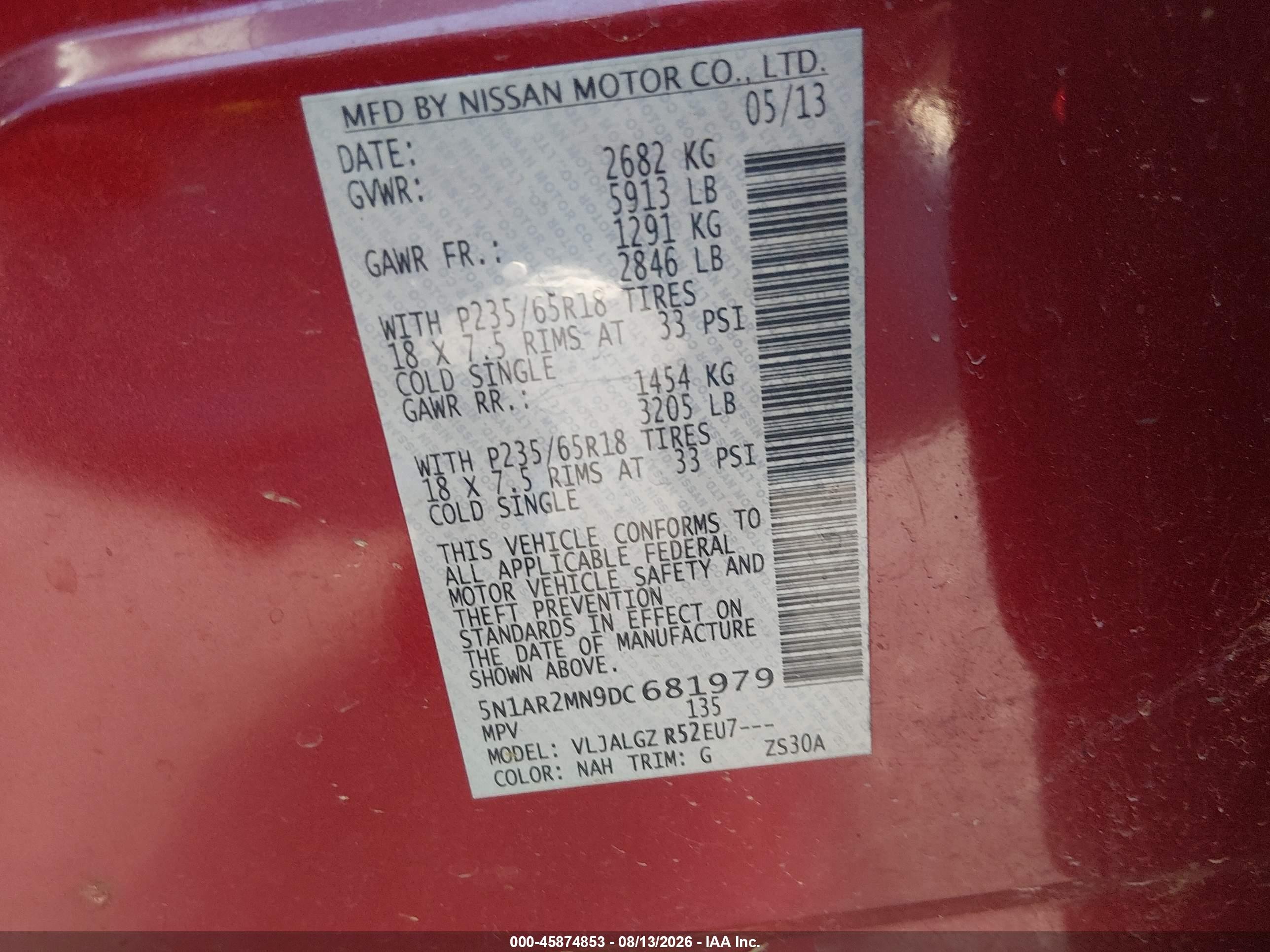 2013 Nissan Pathfinder Sl Red vin: 5N1AR2MN9DC681979