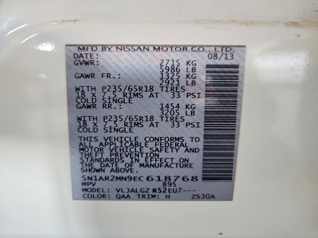 2014 Nissan Pathfinder Sl White vin: 5N1AR2MN9EC618768