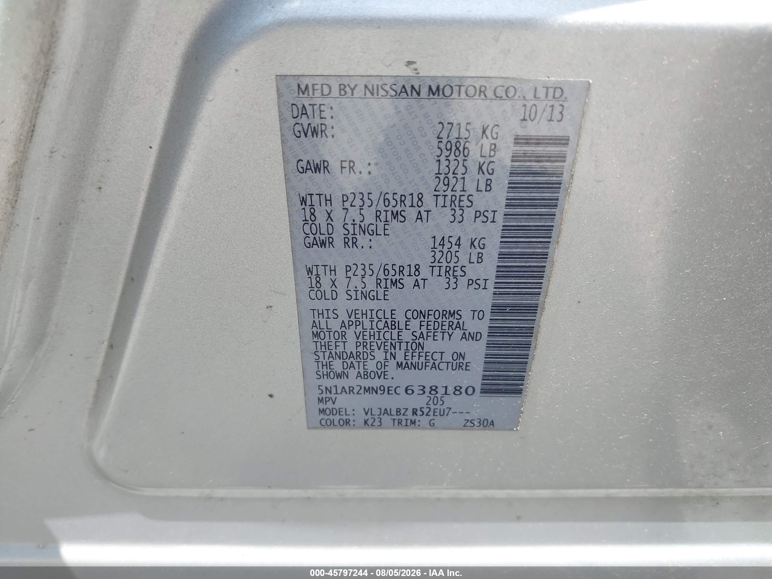2014 Nissan Pathfinder S Silver vin: 5N1AR2MN9EC638180
