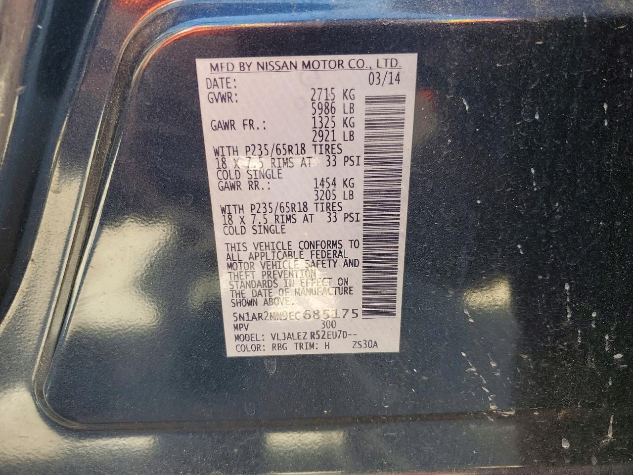 2014 Nissan Pathfinder Sv Blue vin: 5N1AR2MN9EC685175