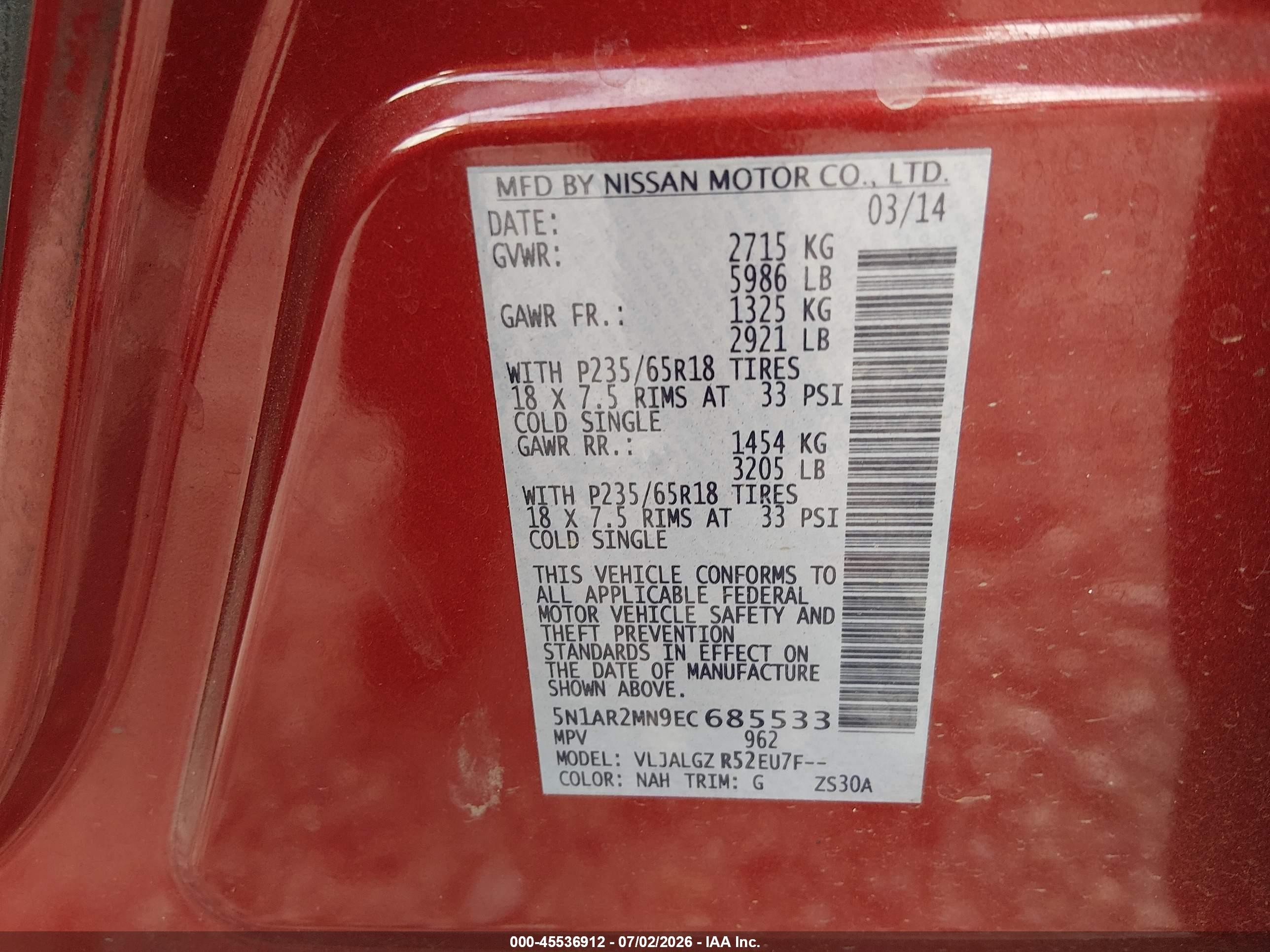 2014 Nissan Pathfinder Sl Red vin: 5N1AR2MN9EC685533