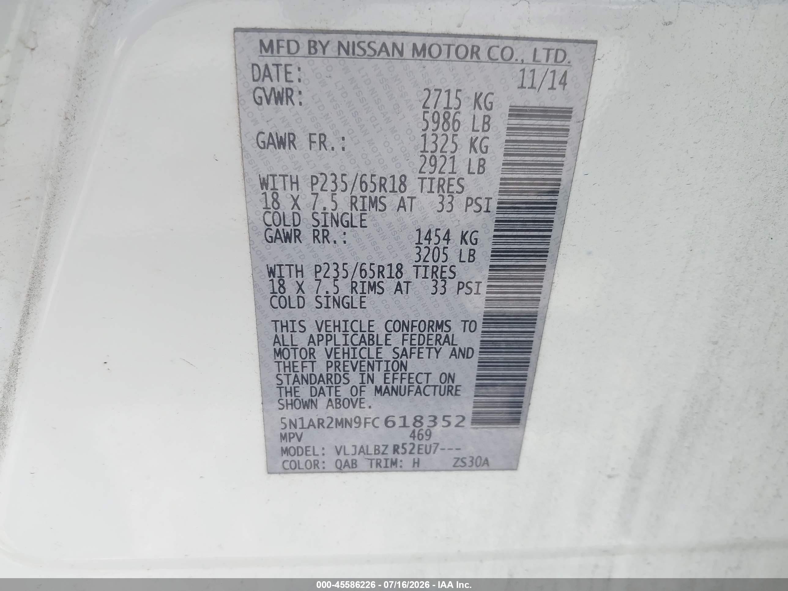 2015 Nissan Pathfinder S White vin: 5N1AR2MN9FC618352