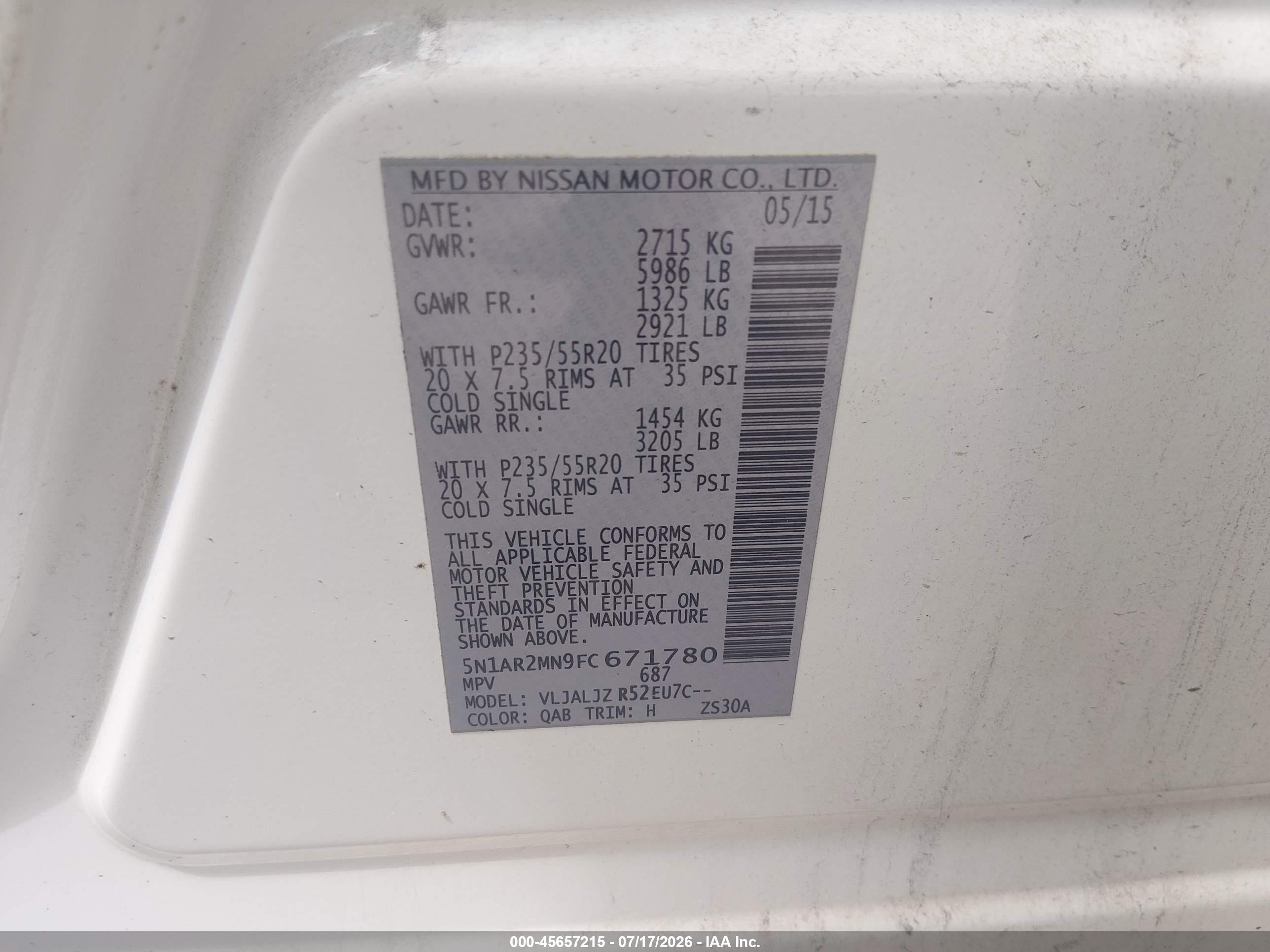 2015 Nissan Pathfinder Platinum Cream vin: 5N1AR2MN9FC671780