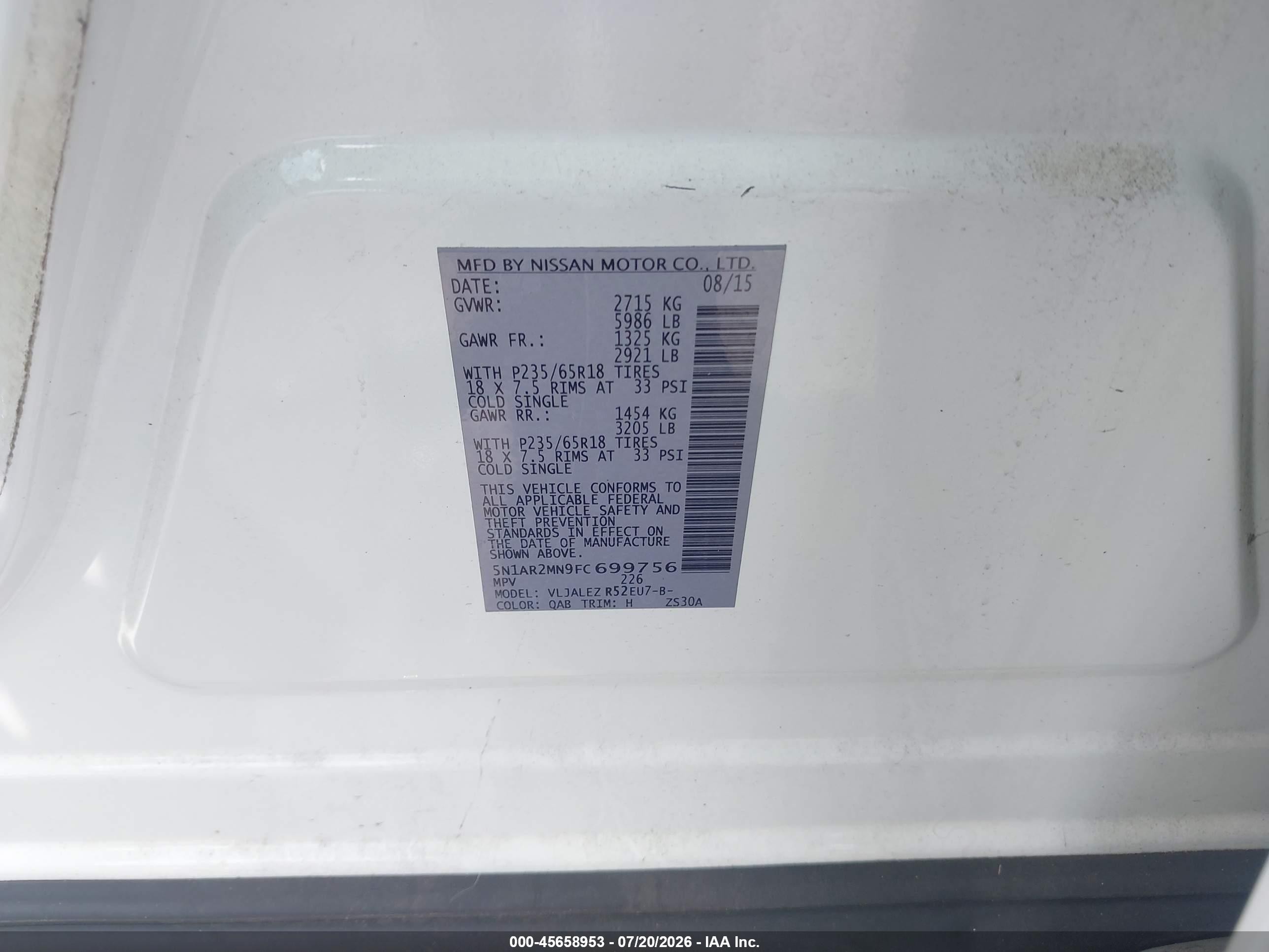 2015 Nissan Pathfinder Sv White vin: 5N1AR2MN9FC699756