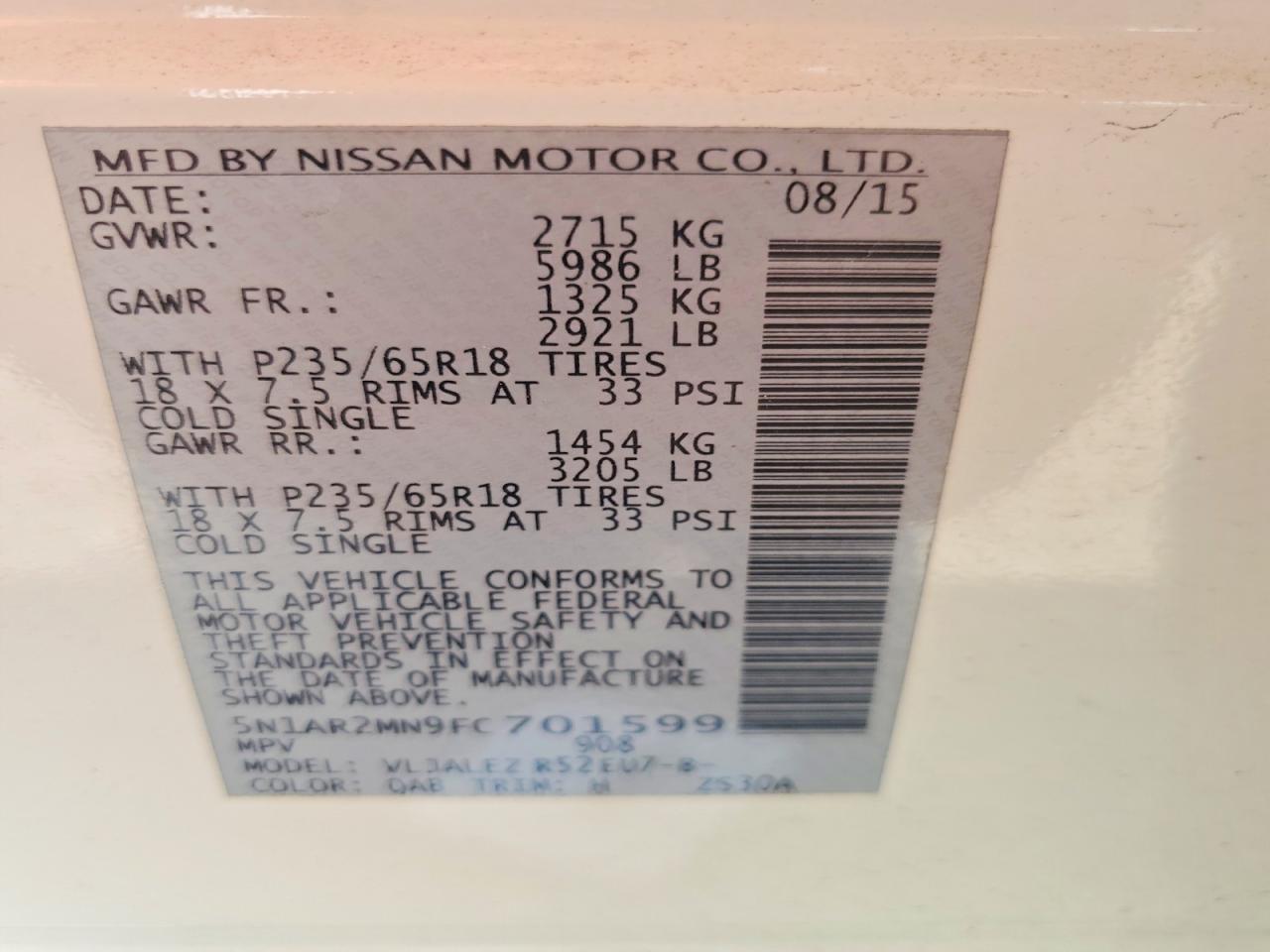 2015 Nissan Pathfinder Sv White vin: 5N1AR2MN9FC701599