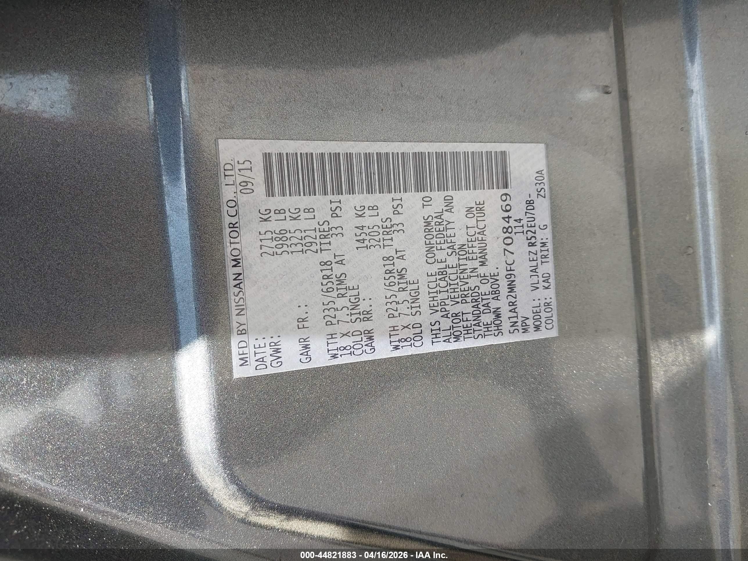 2015 Nissan Pathfinder Sv Gray vin: 5N1AR2MN9FC708469
