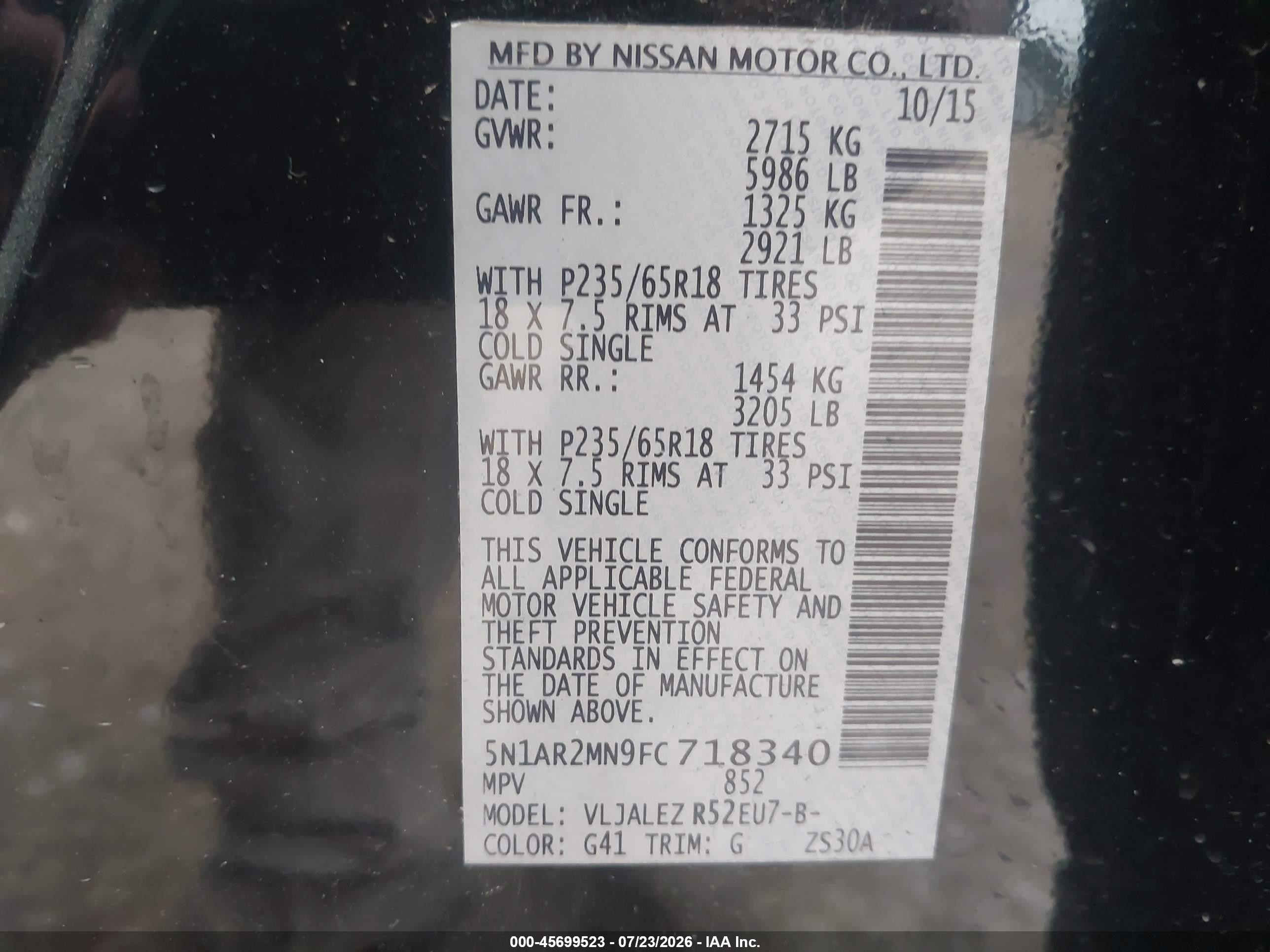 2015 Nissan Pathfinder Sv Black vin: 5N1AR2MN9FC718340