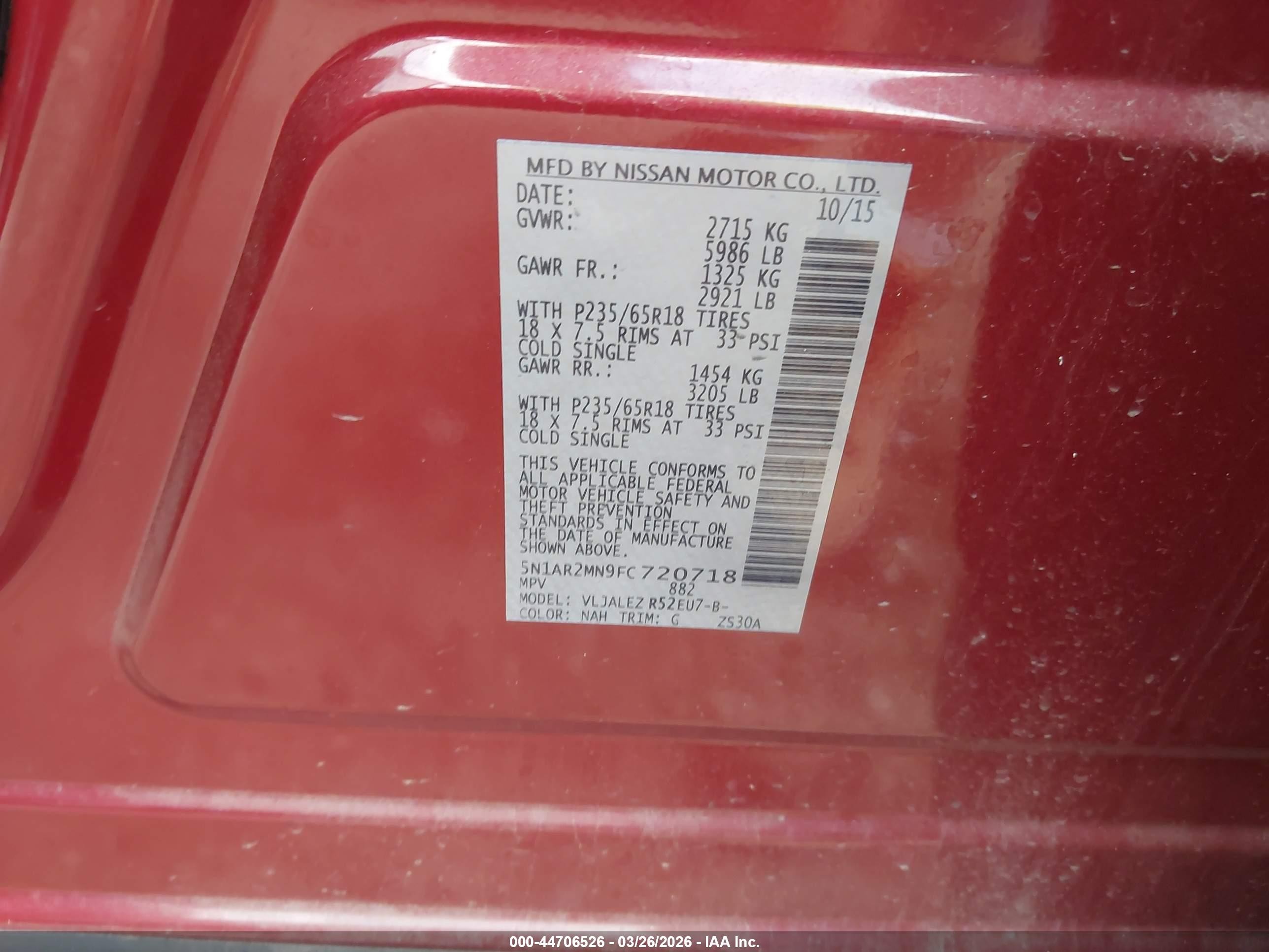 2015 Nissan Pathfinder Sv Red vin: 5N1AR2MN9FC720718