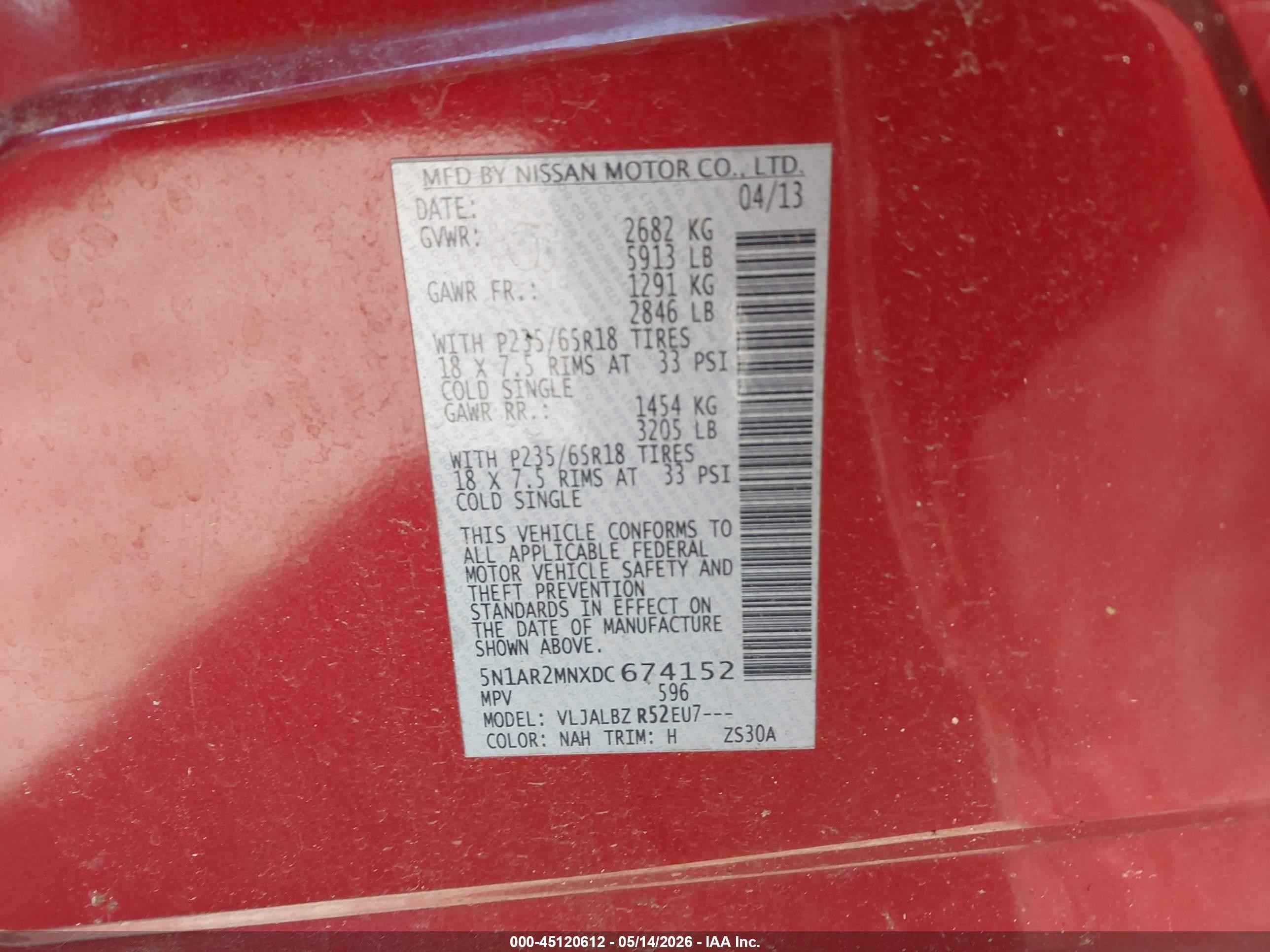 2013 Nissan Pathfinder S Red vin: 5N1AR2MNXDC674152