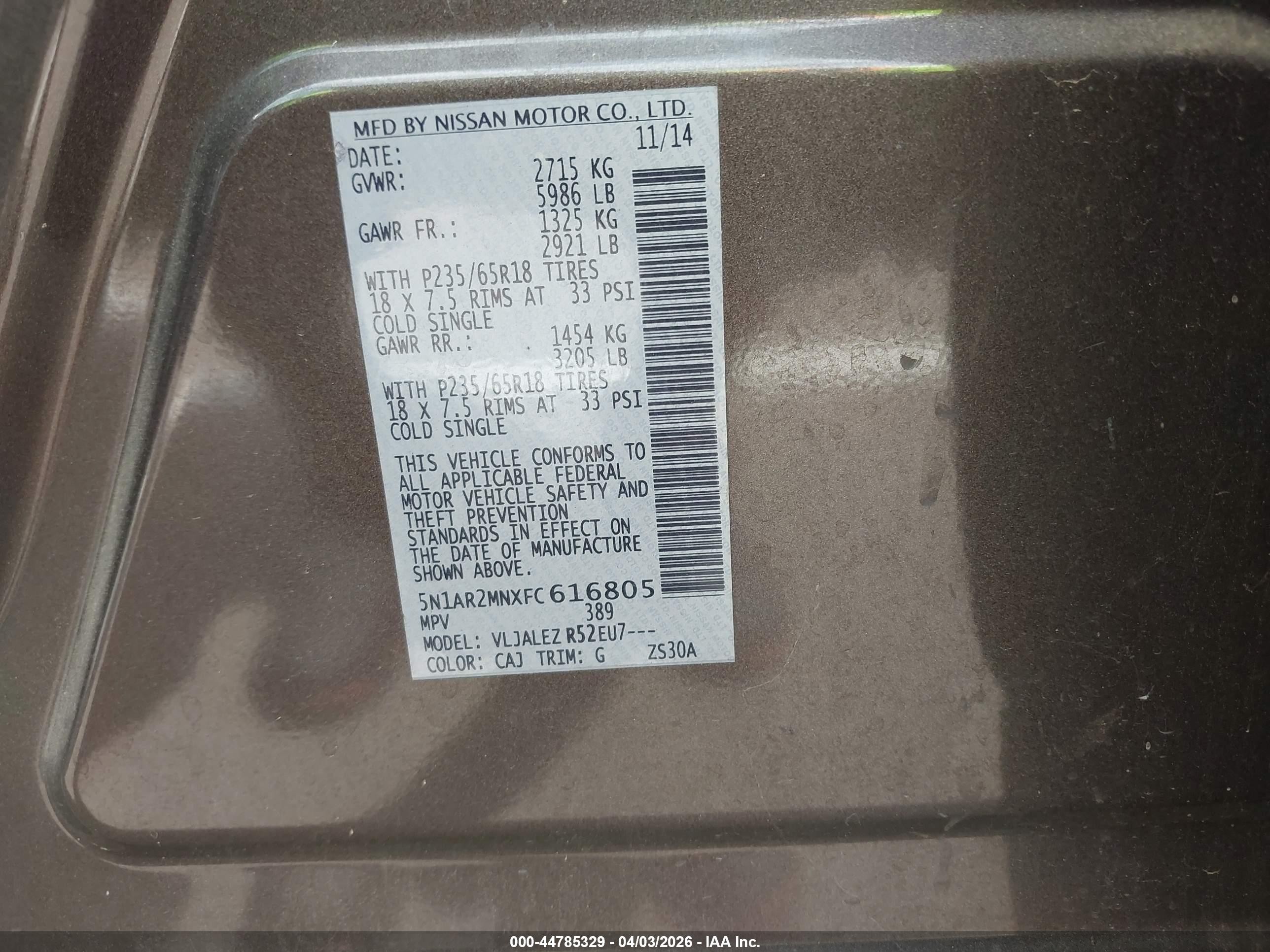 2015 Nissan Pathfinder Sv Brown vin: 5N1AR2MNXFC616805