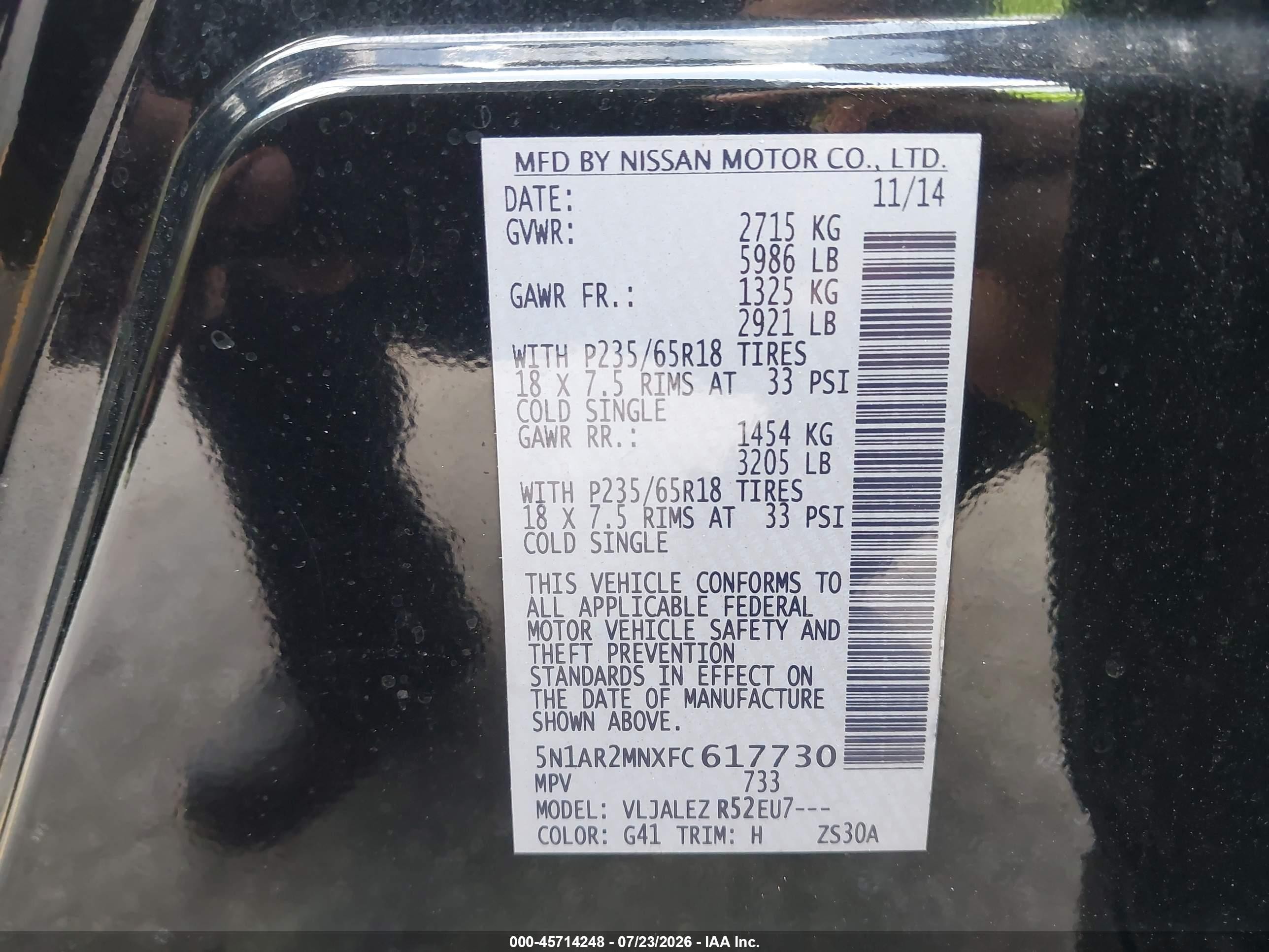 2015 Nissan Pathfinder Platinum/s/sl/sv Black vin: 5N1AR2MNXFC617730