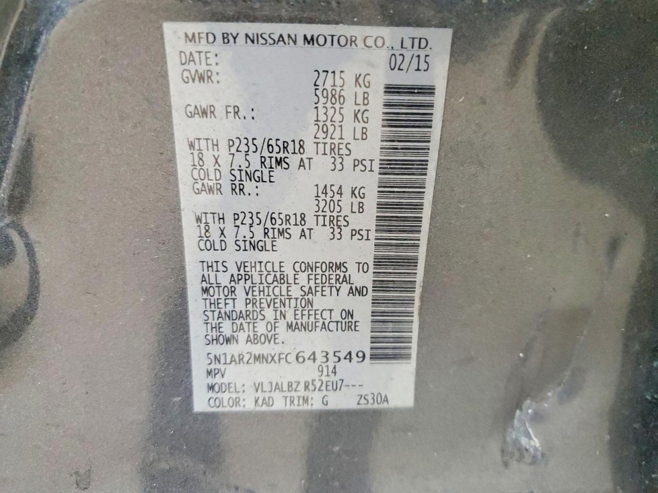 2015 Nissan Pathfinder S Gray vin: 5N1AR2MNXFC643549