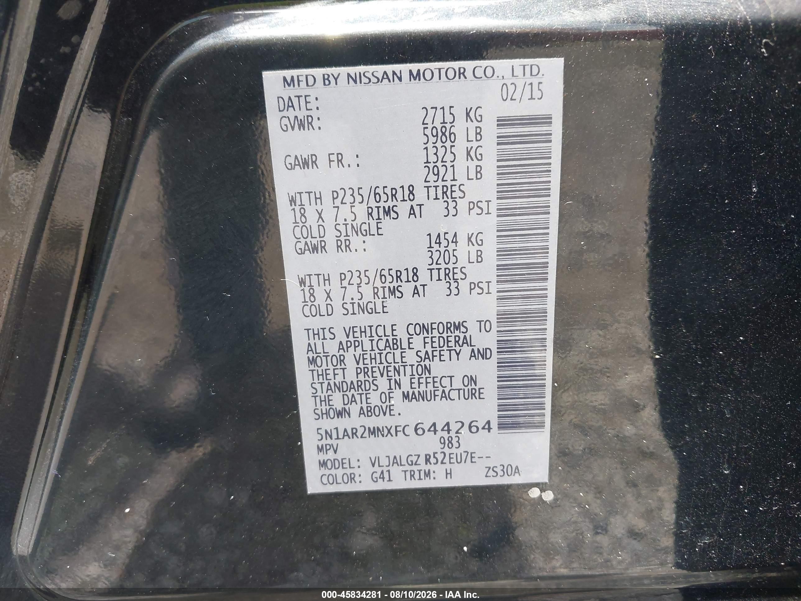 2015 Nissan Pathfinder Sl Black vin: 5N1AR2MNXFC644264
