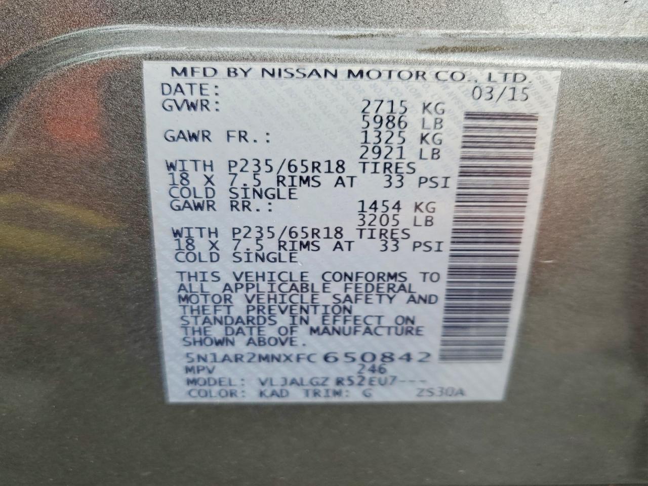 2015 Nissan Pathfinder Sl Gray vin: 5N1AR2MNXFC650842