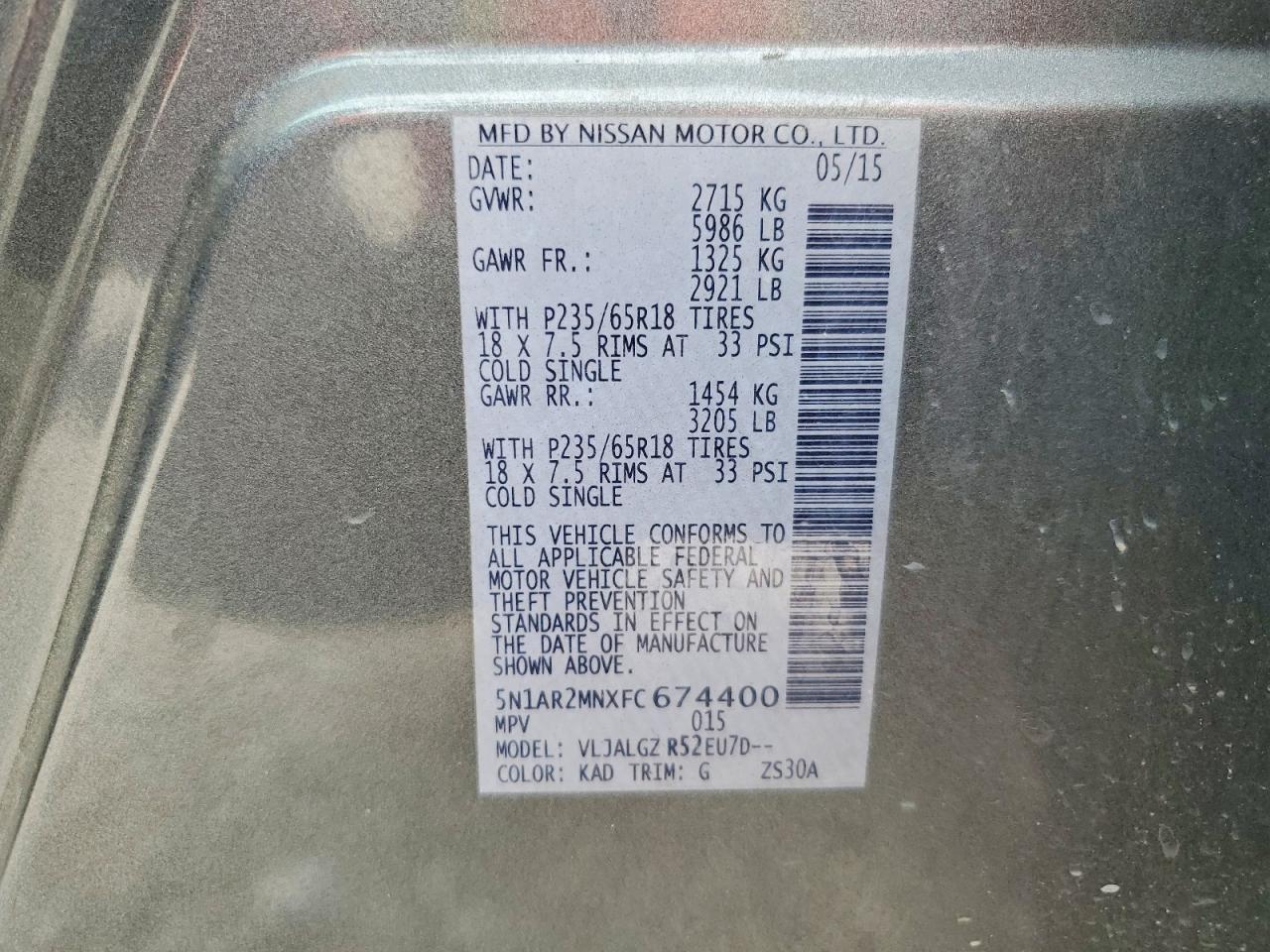 2015 Nissan Pathfinder Sl Gray vin: 5N1AR2MNXFC674400