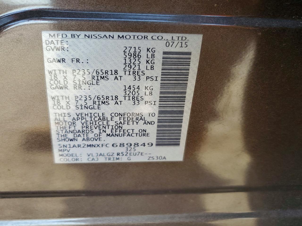 2015 Nissan Pathfinder Sl Brown vin: 5N1AR2MNXFC689849