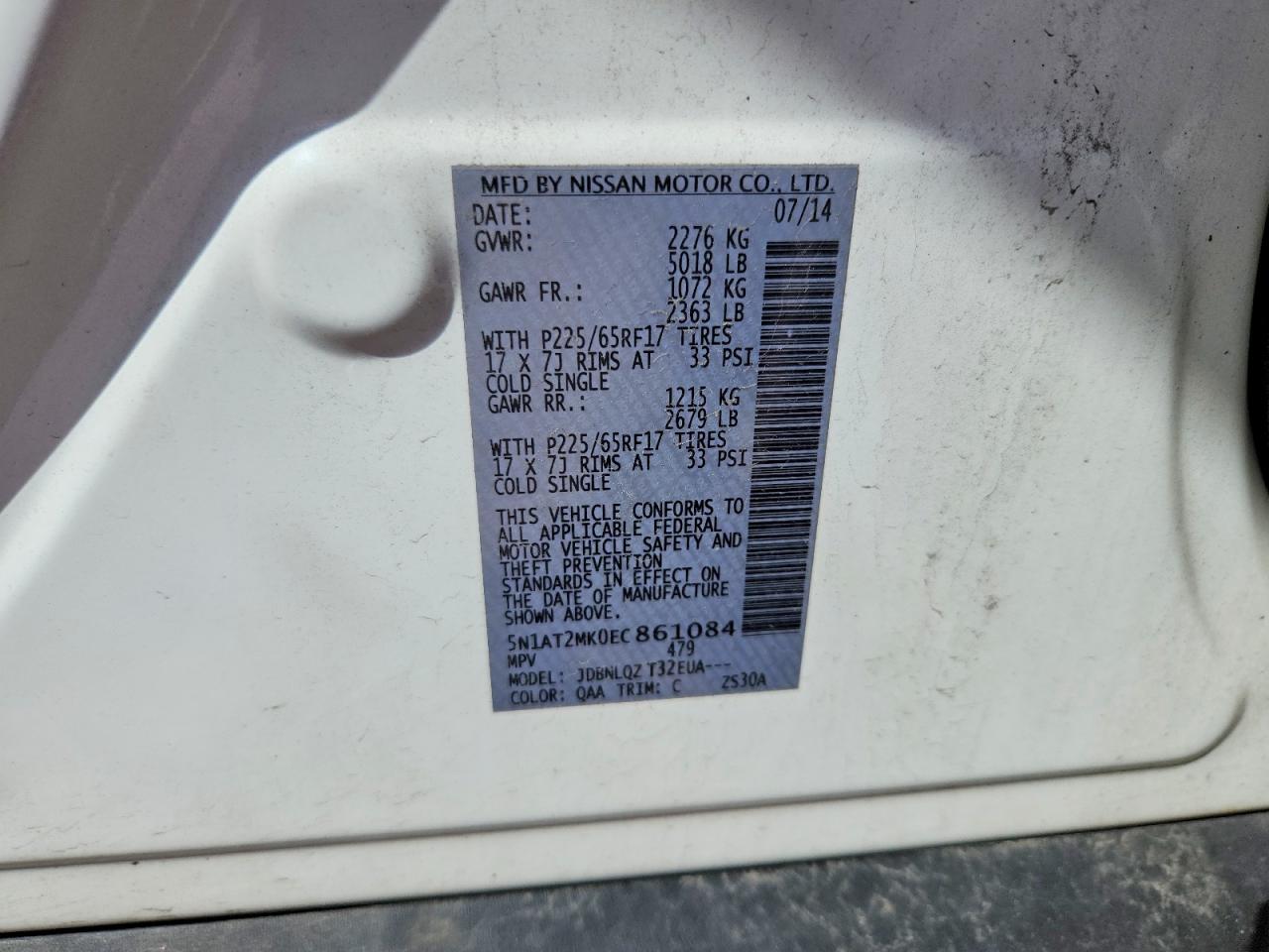 2014 Nissan Rogue Sv White vin: 5N1AT2MK0EC861084