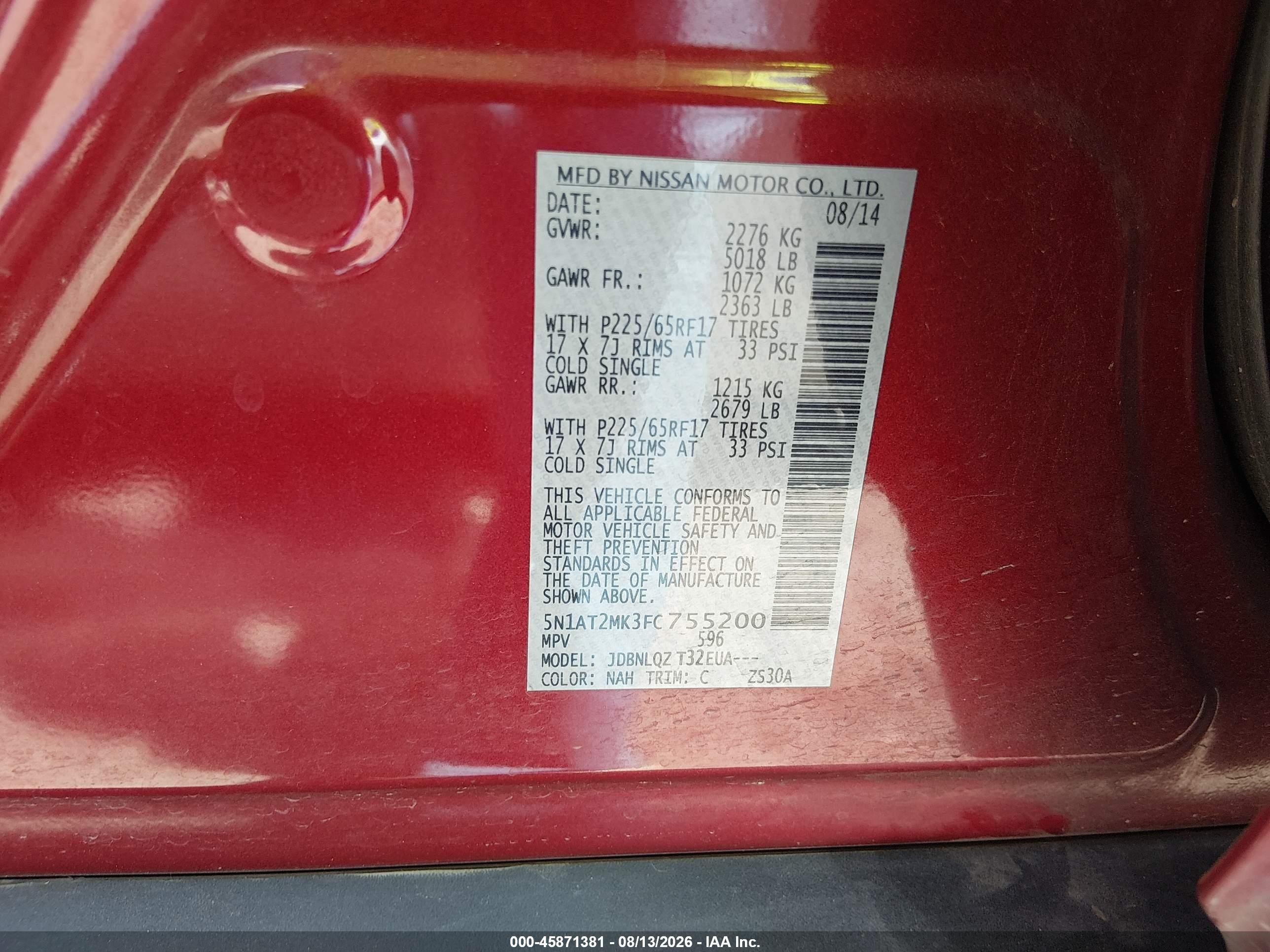 2015 Nissan Rogue S/sl/sv Red vin: 5N1AT2MK3FF755200