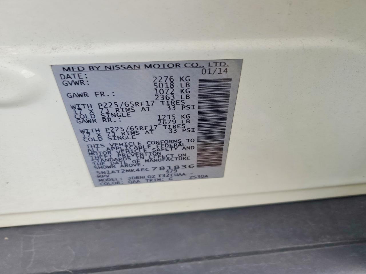 2014 Nissan Rogue Sv White vin: 5N1AT2MK4EC781836