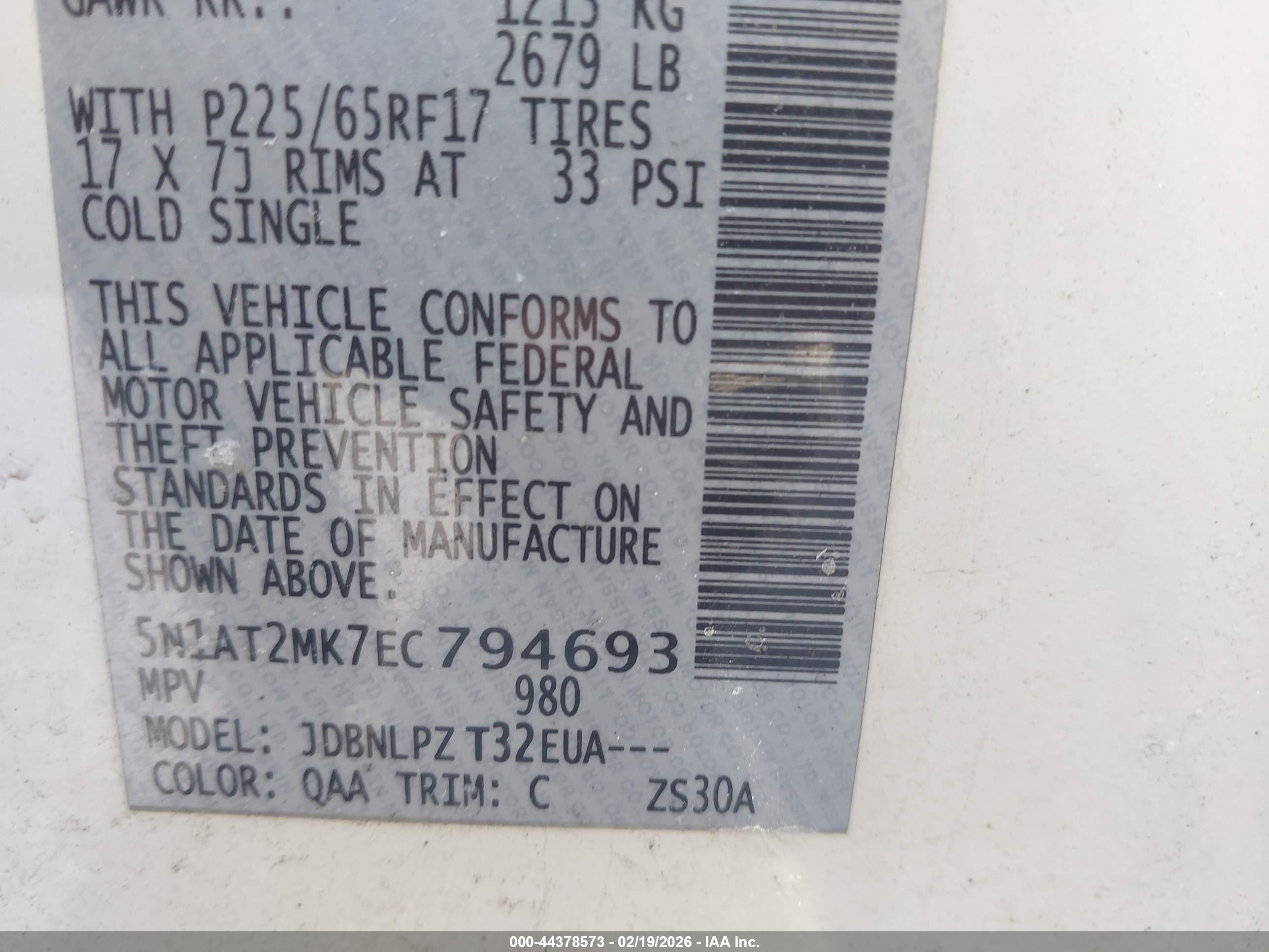2014 Nissan Rogue S White vin: 5N1AT2MK7EC794693