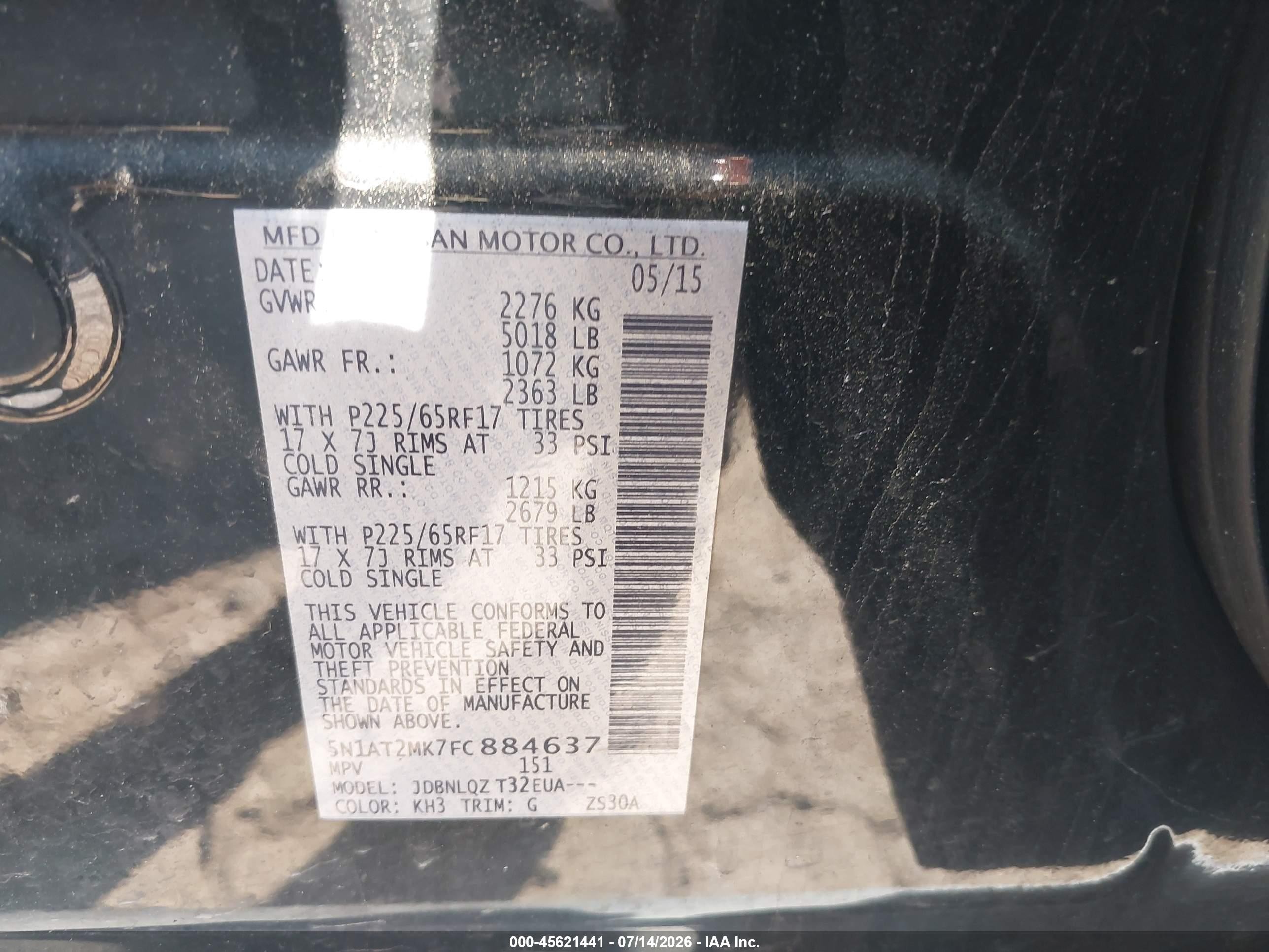 2015 Nissan Rogue Sv Black vin: 5N1AT2MK7FC884637