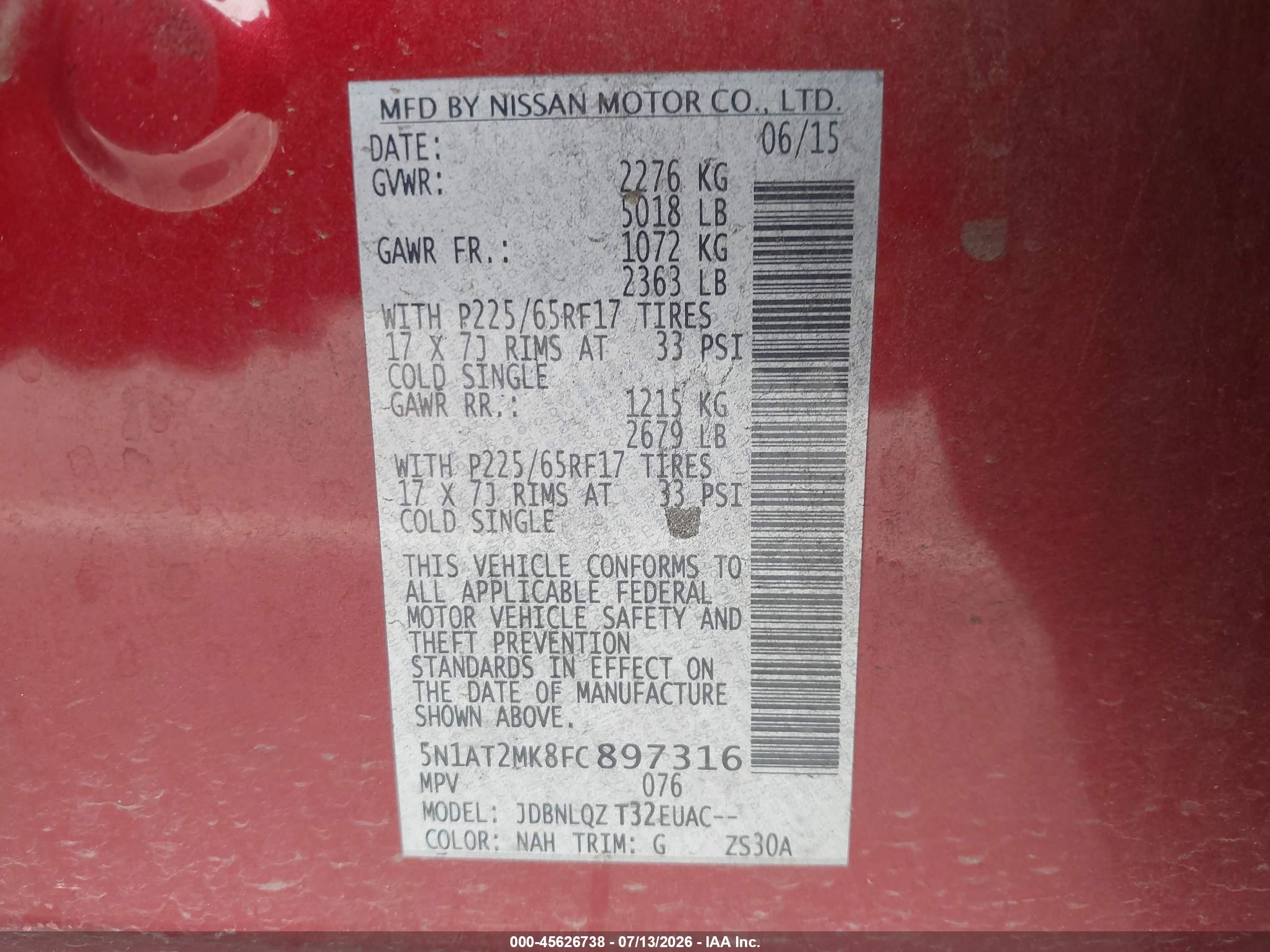 2015 Nissan Rogue Sv Red vin: 5N1AT2MK8FC897316