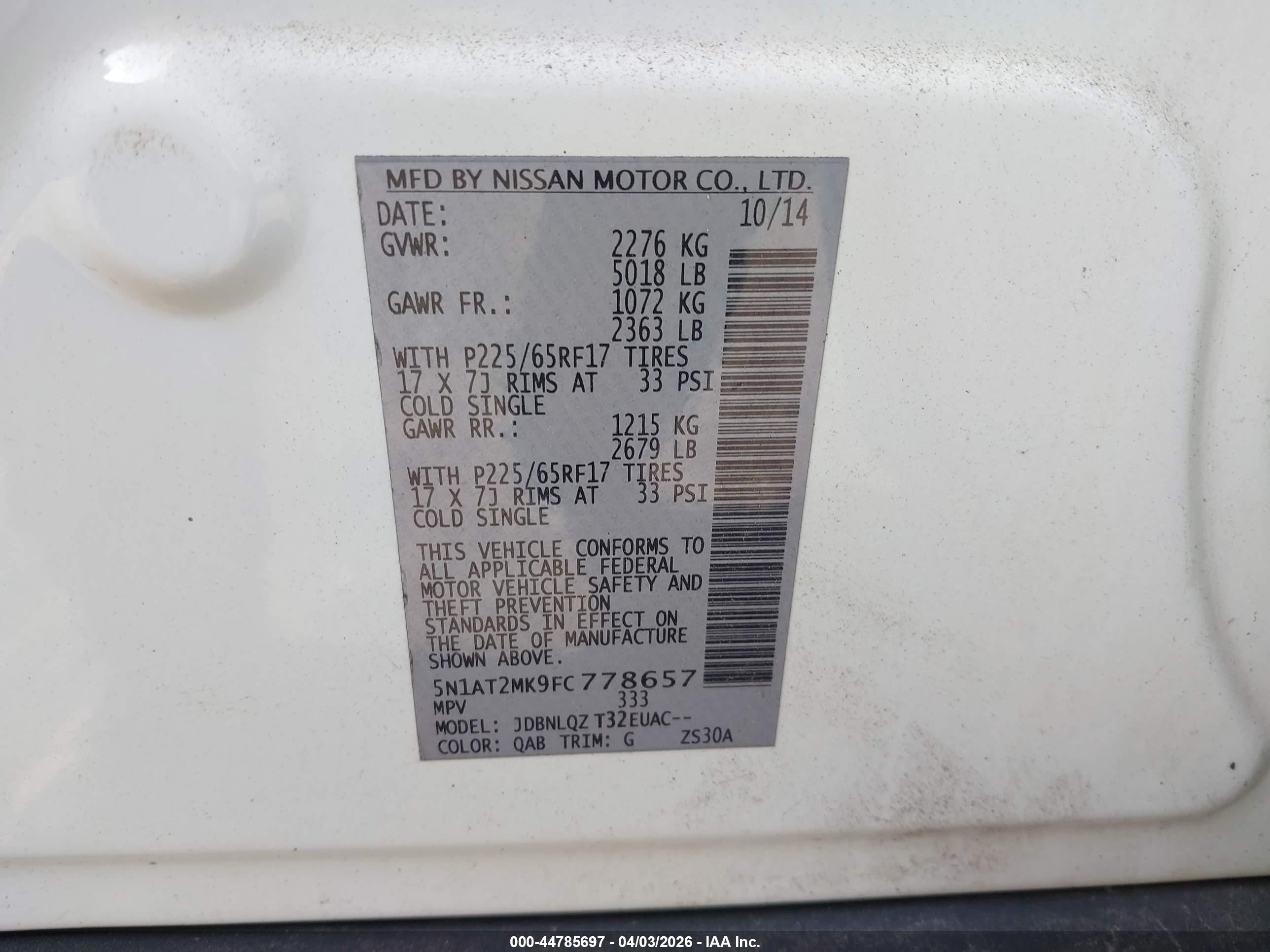 2015 Nissan Rogue Sv White vin: 5N1AT2MK9FC778657